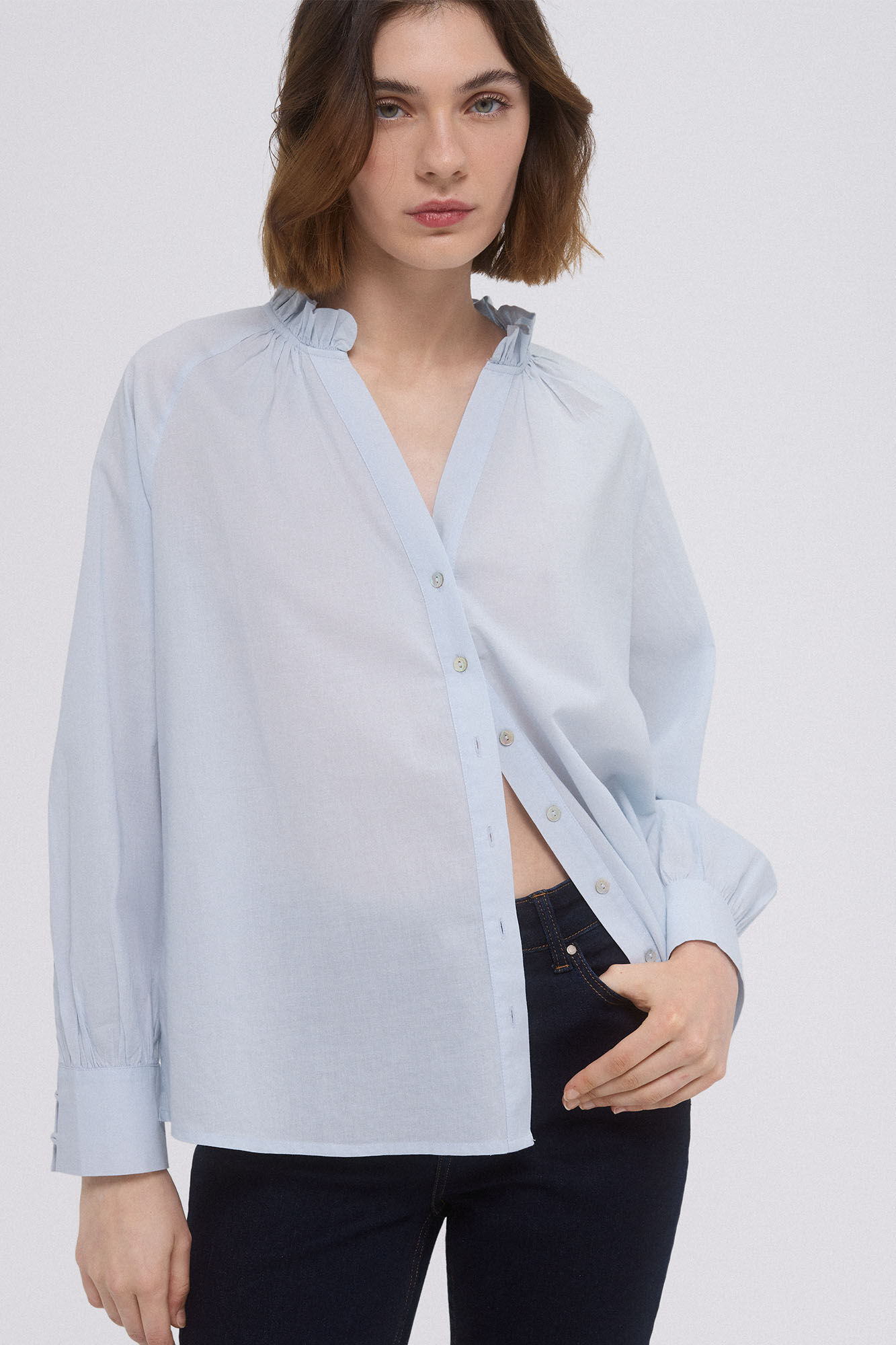 Pedro del Hierro ruffle neck voile blouse Blue