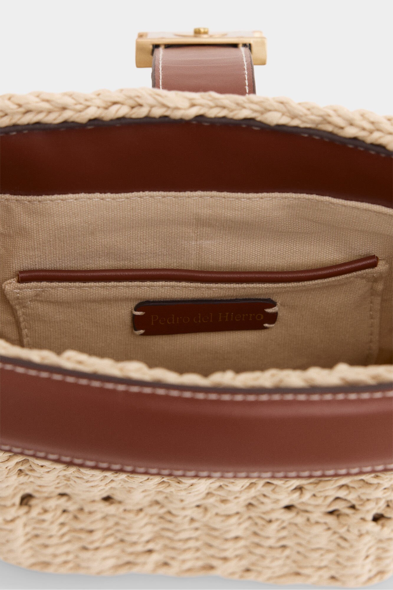 Pedro del Hierro Raffia-effect logo bucket bag Ecru