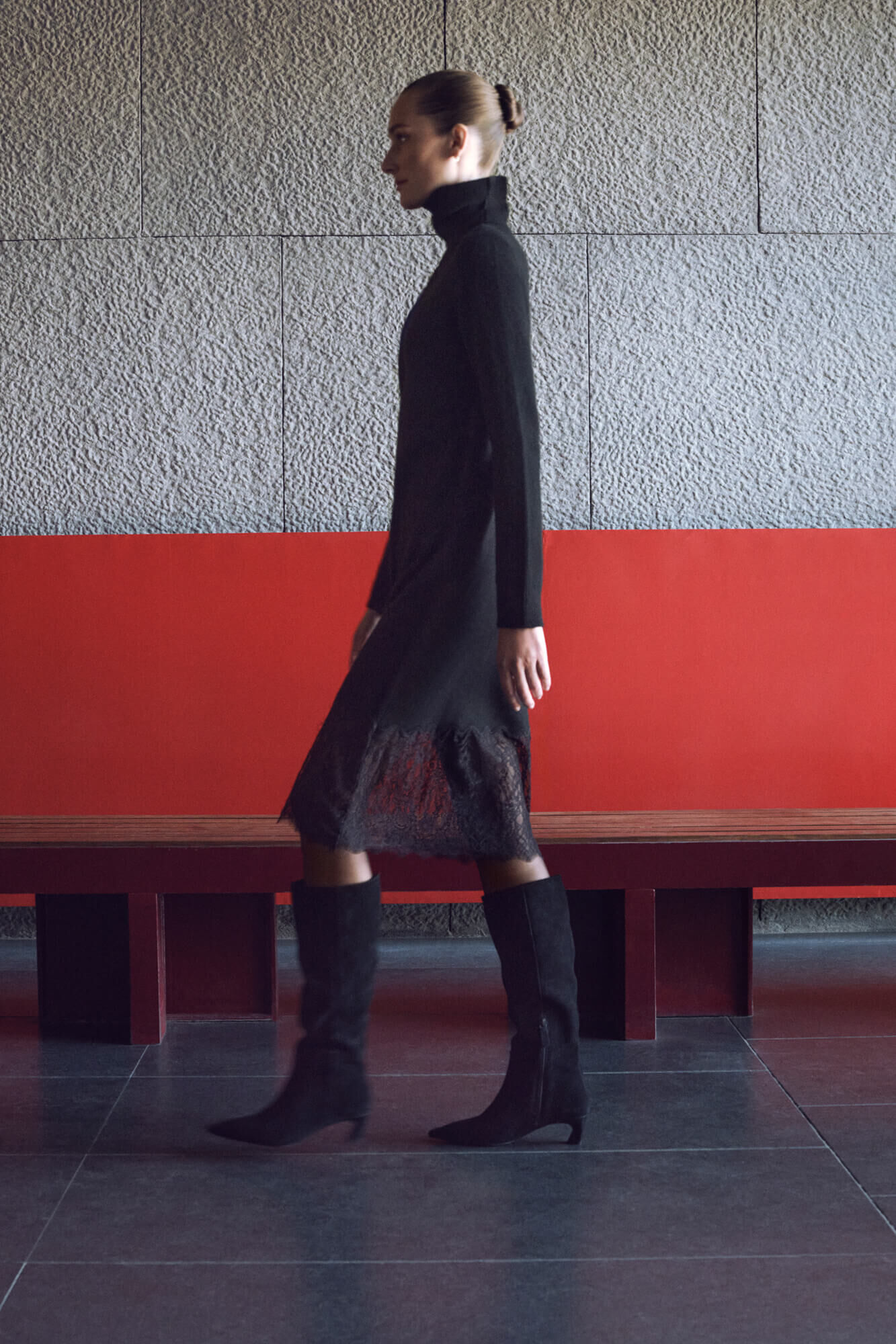 Pedro del Hierro Jersey-Knit dress with lace detail at the hem.