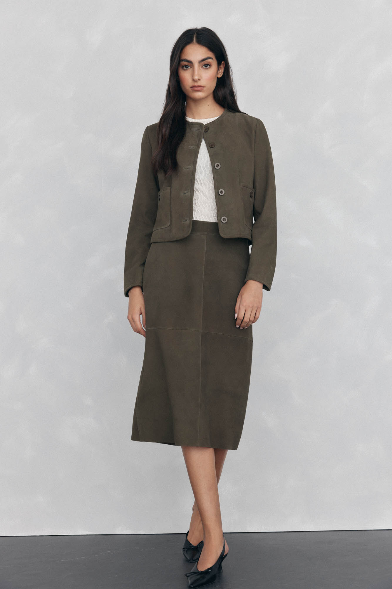 Pedro del Hierro Straight suede skirt Green