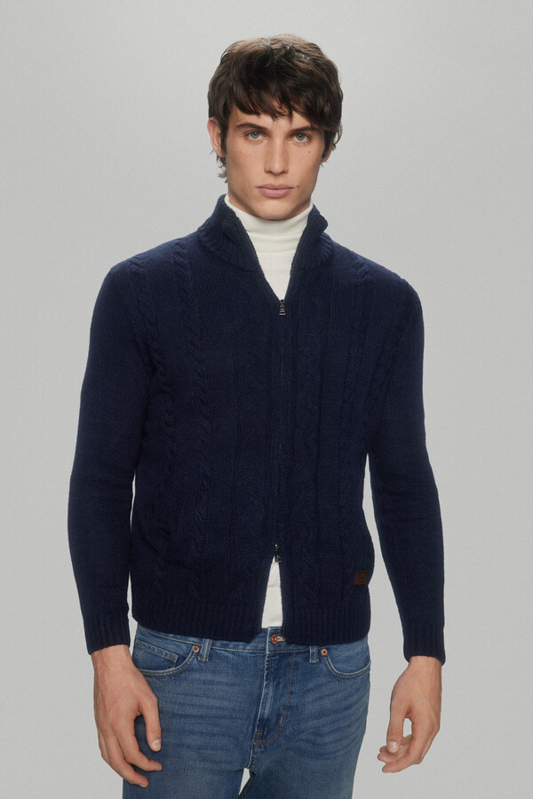 Pedro del Hierro Cardigan con lana trenzado cremallera Blue