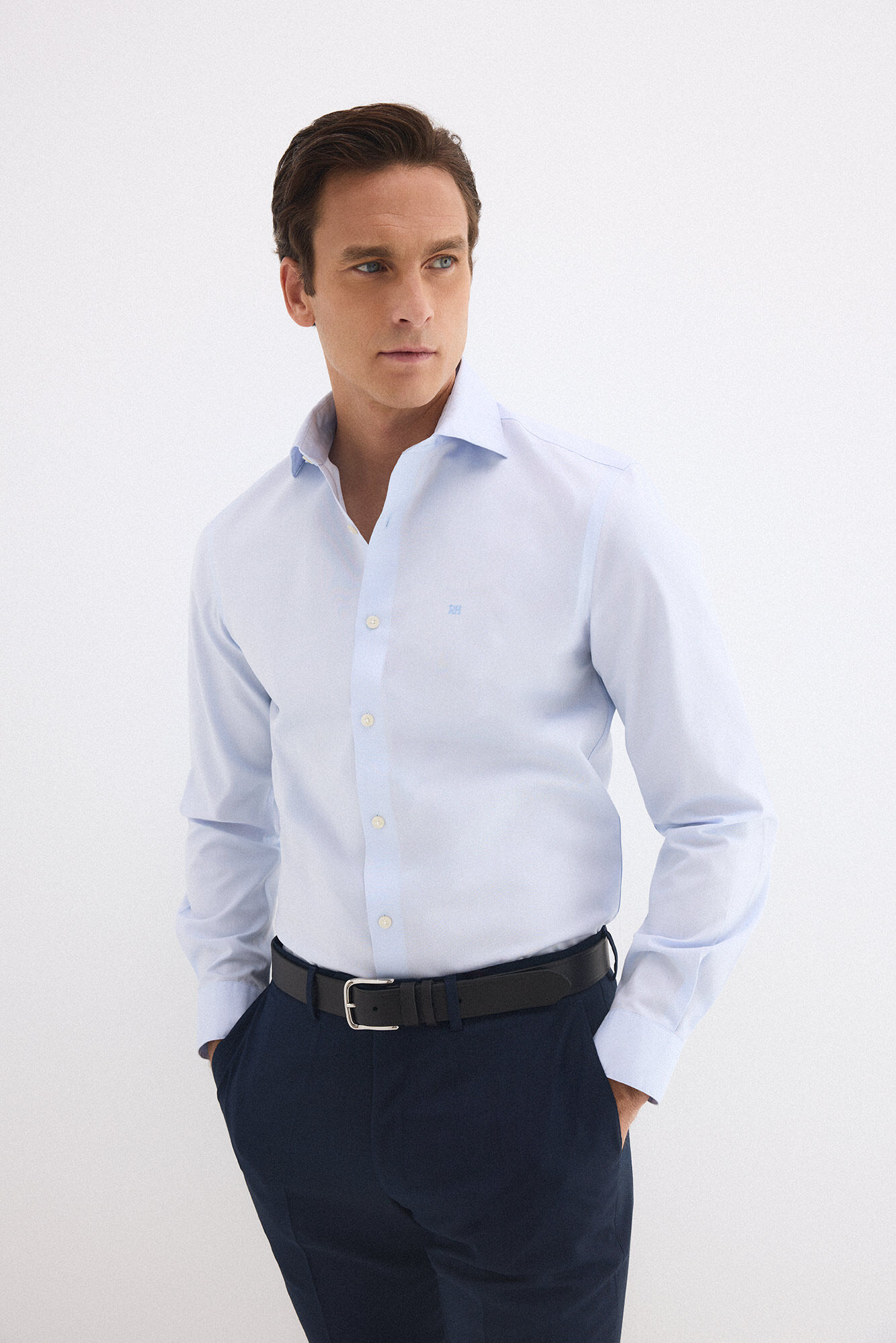 Pedro del Hierro Plain non-iron stain-resistant slim fit dress shirt Blue