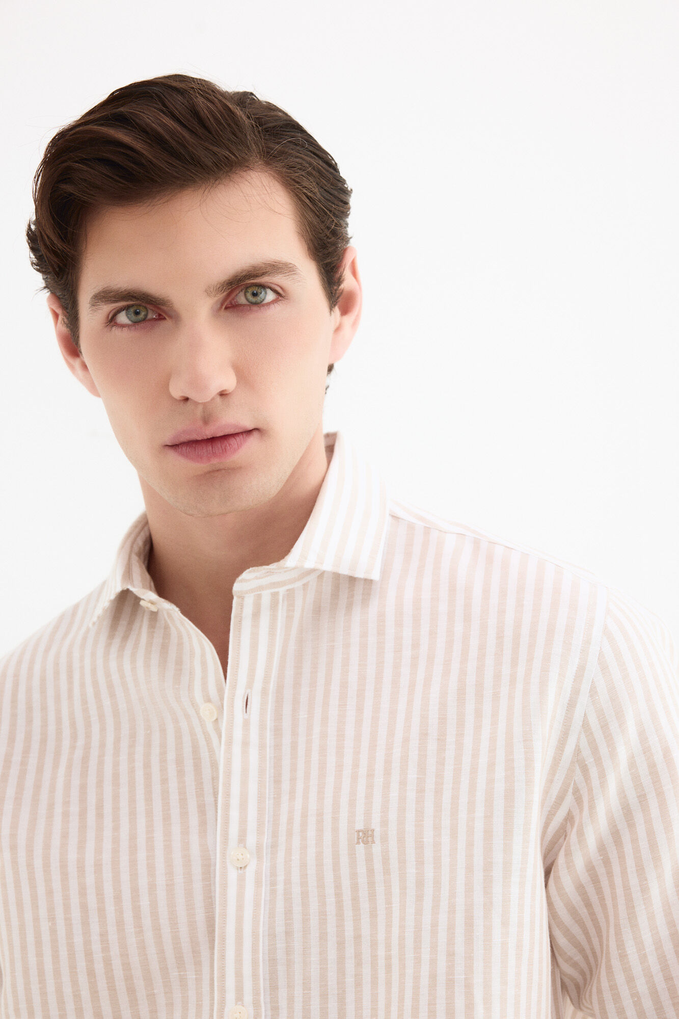 Pedro del Hierro Linen striped easy-iron dress shirt Beige