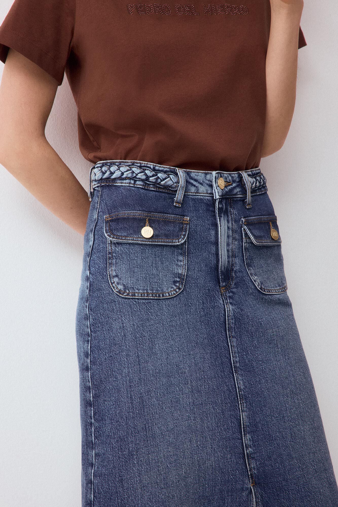 Pedro del Hierro Denim straight skirt with braided detail Blue