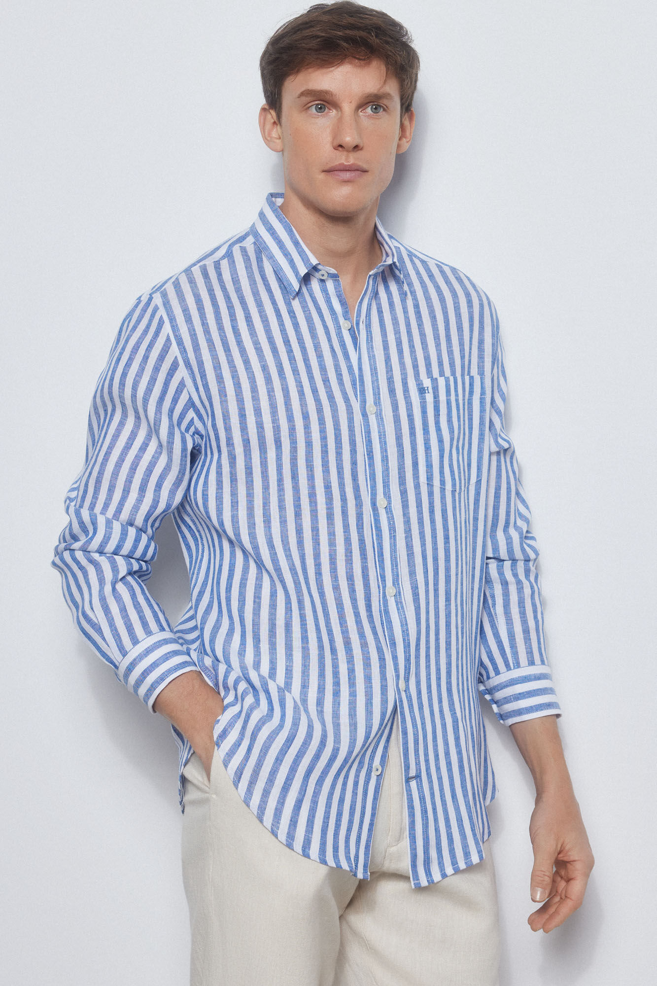 Pedro del Hierro Camisa lino rayas Azul