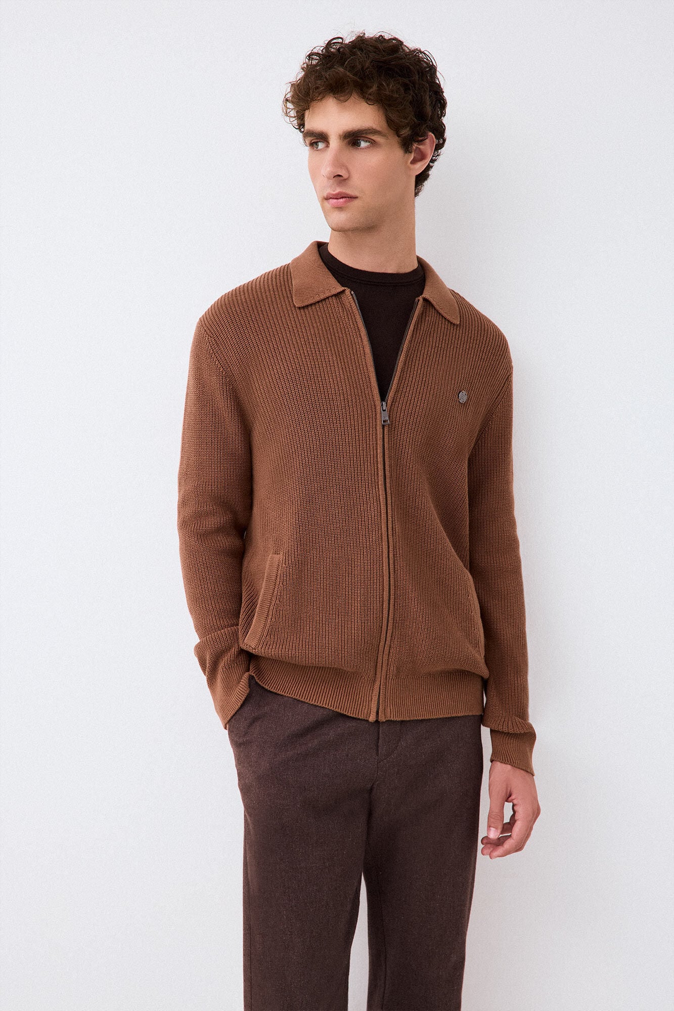 Pedro del Hierro Polo neck knit structure cardigan with zip fastening