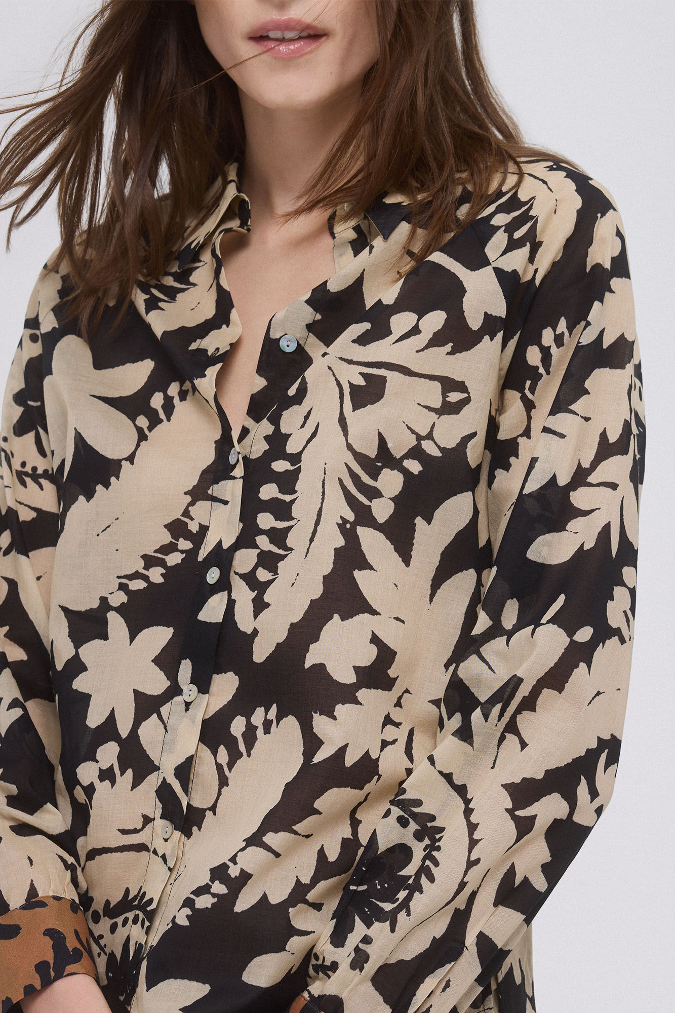 Pedro del Hierro Printed cotton voile shirt Brown