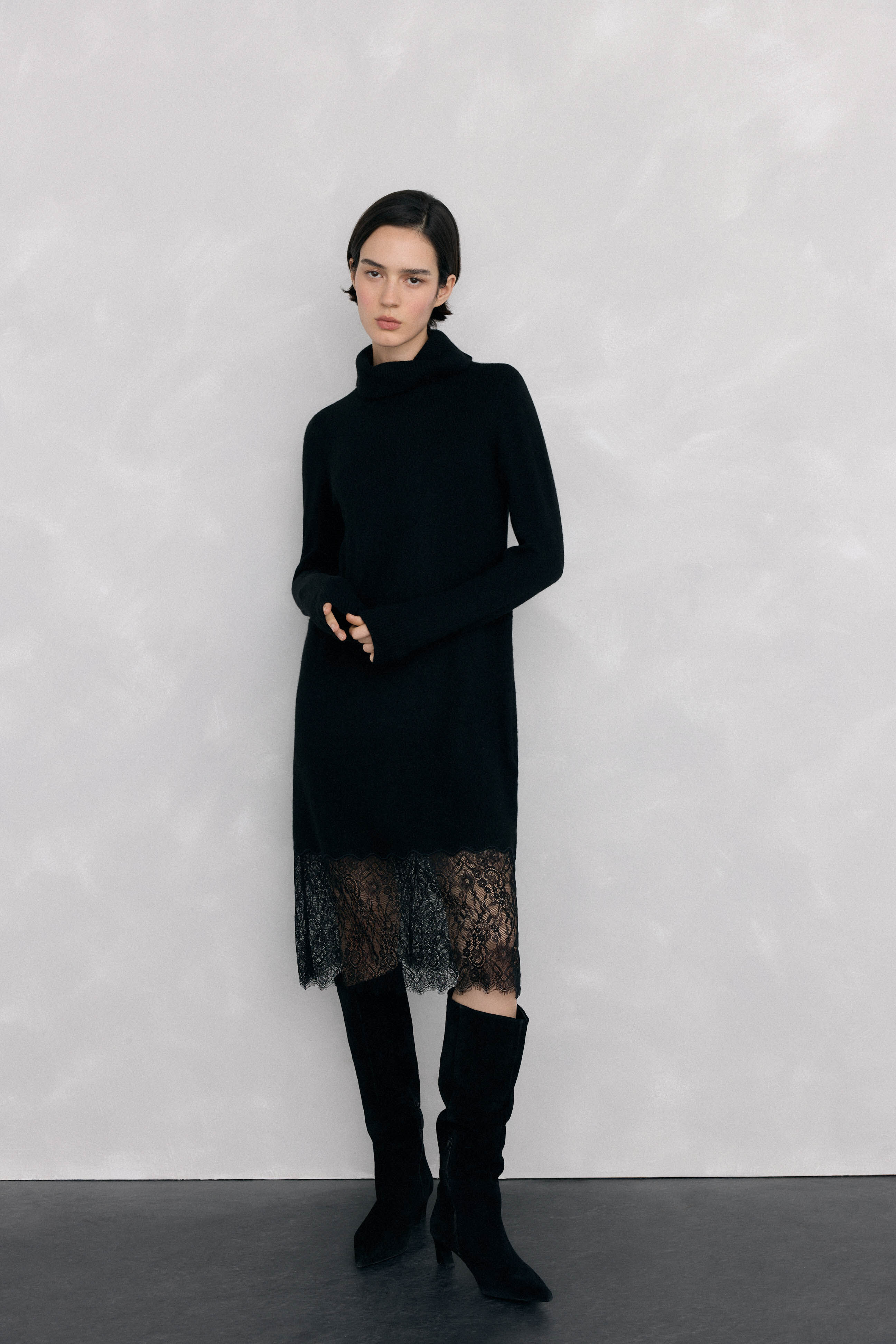 Pedro del Hierro Jersey-Knit dress with lace detail at the hem.