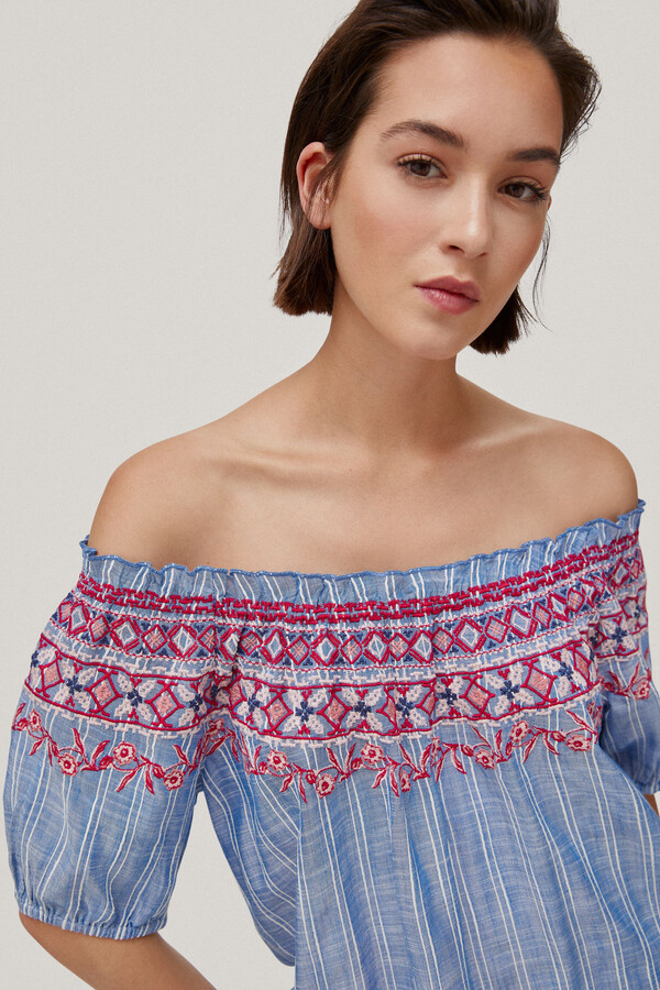 Pedro del Hierro Embroidered off-the-shoulder blouse Blue