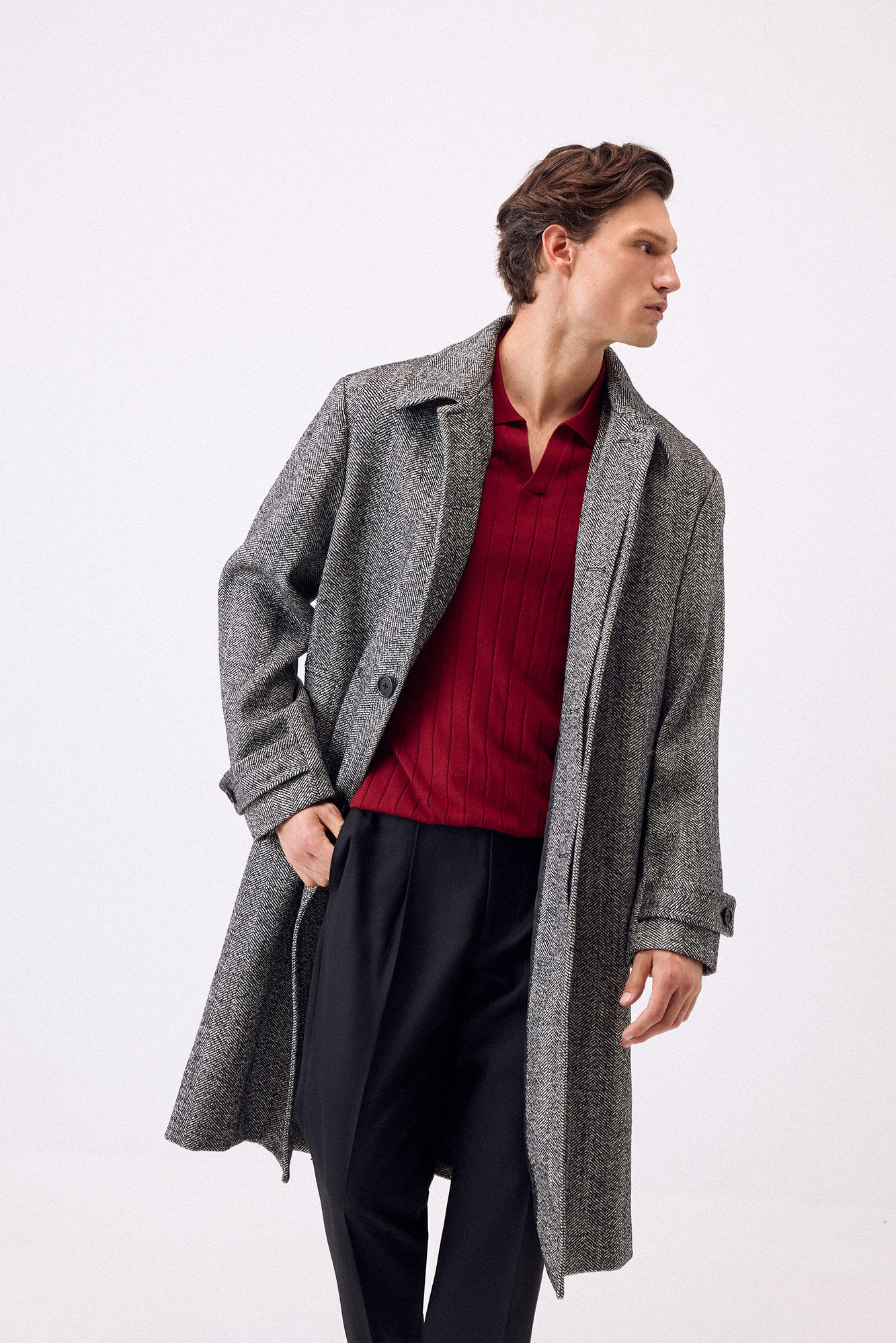 Pedro del Hierro Herringbone shirt collar herringbone coat