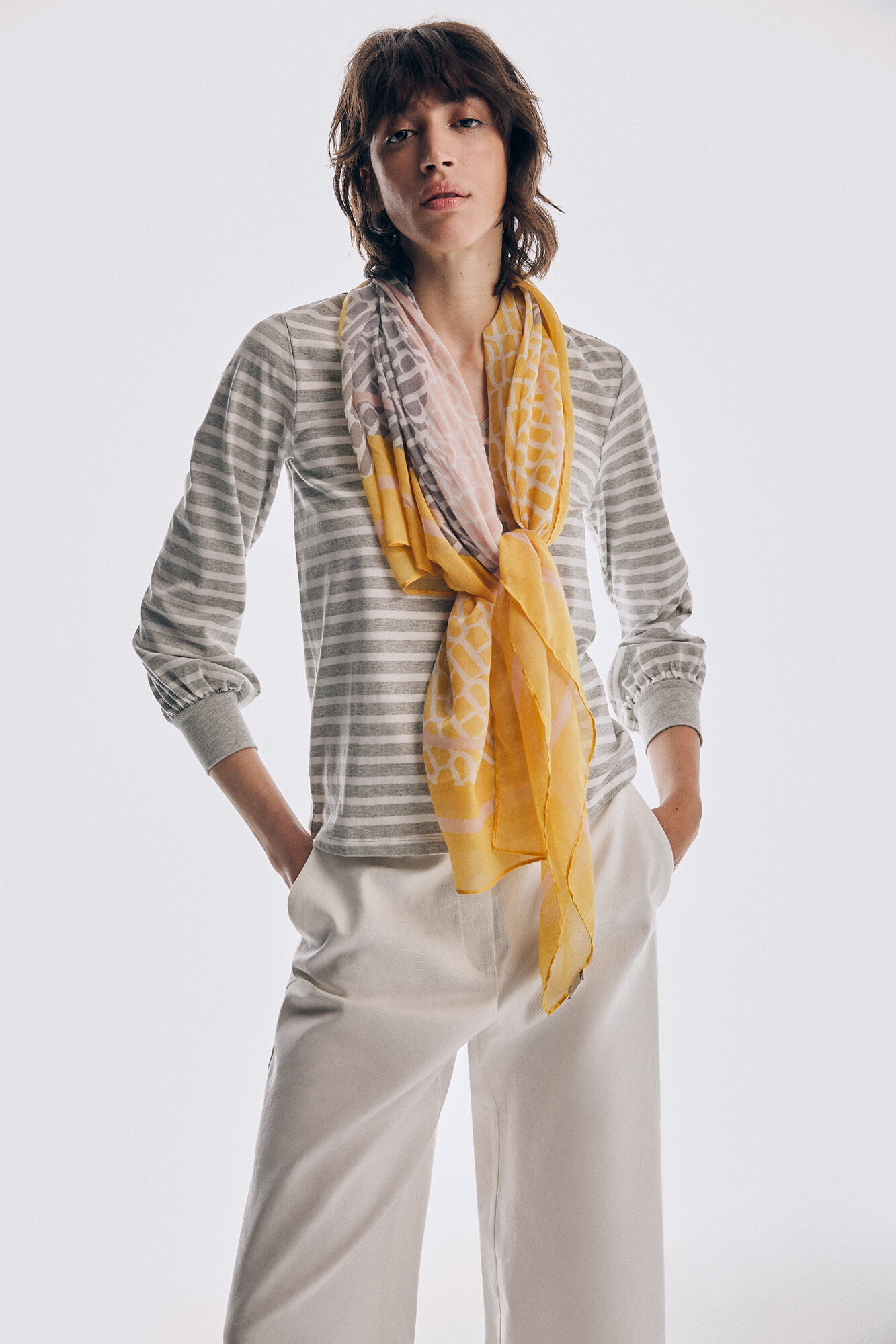 Pedro del Hierro Camiseta de rayas cuello pico manga larga logo Rosa