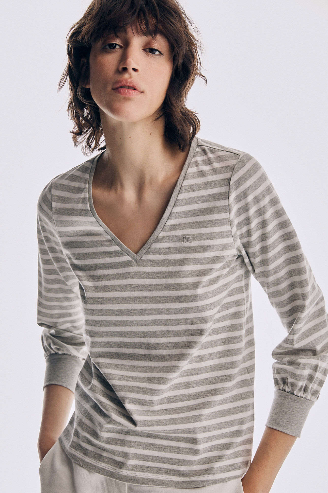 Pedro del Hierro Camiseta de rayas cuello pico manga larga logo Rosa