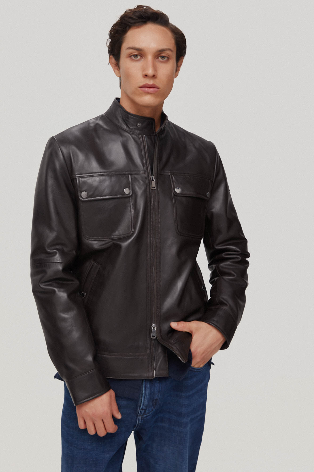 Pedro del Hierro Cazadora piel cuatro bolsillos Brown