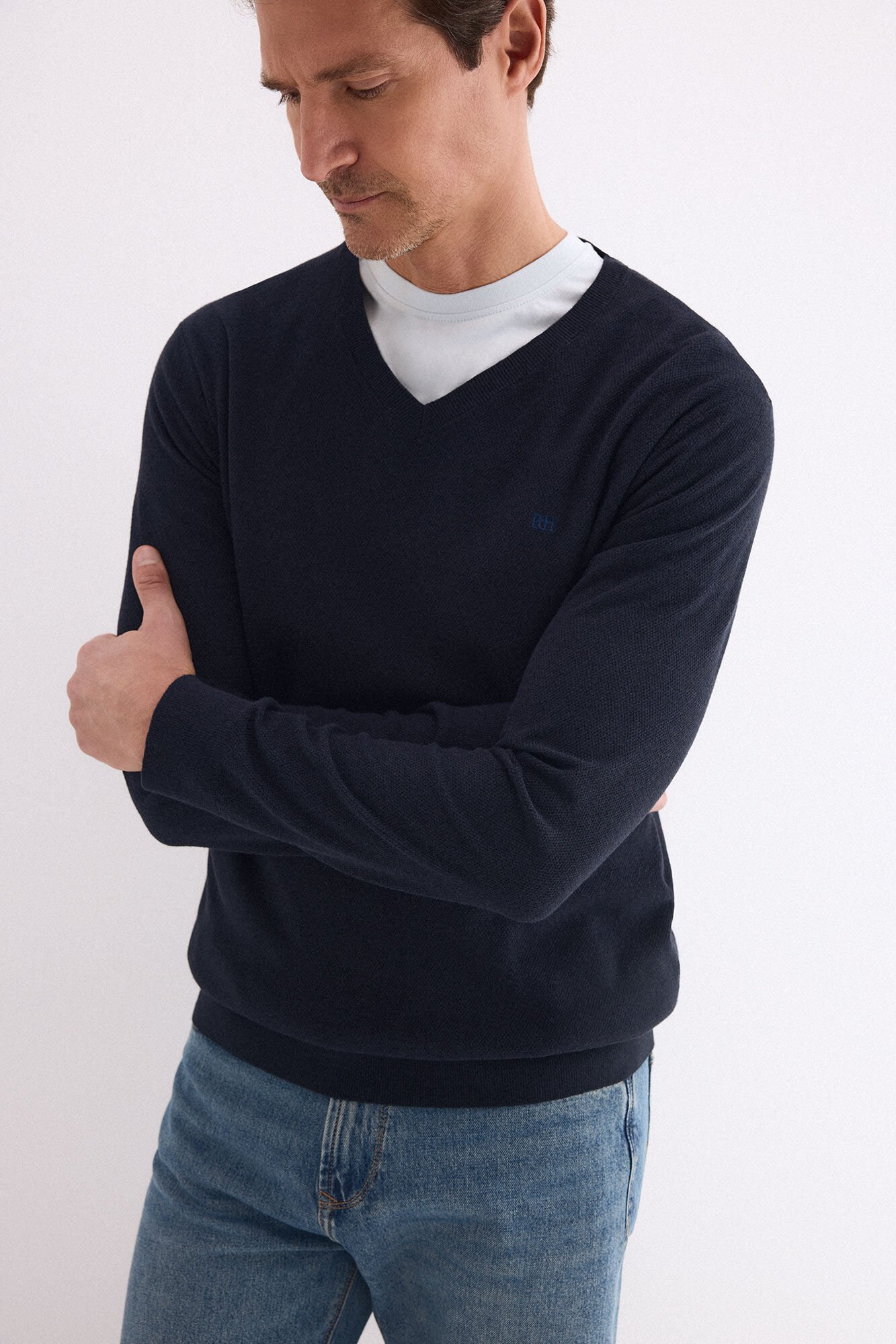 Pedro del Hierro Linen fine V-neck jumper Blue