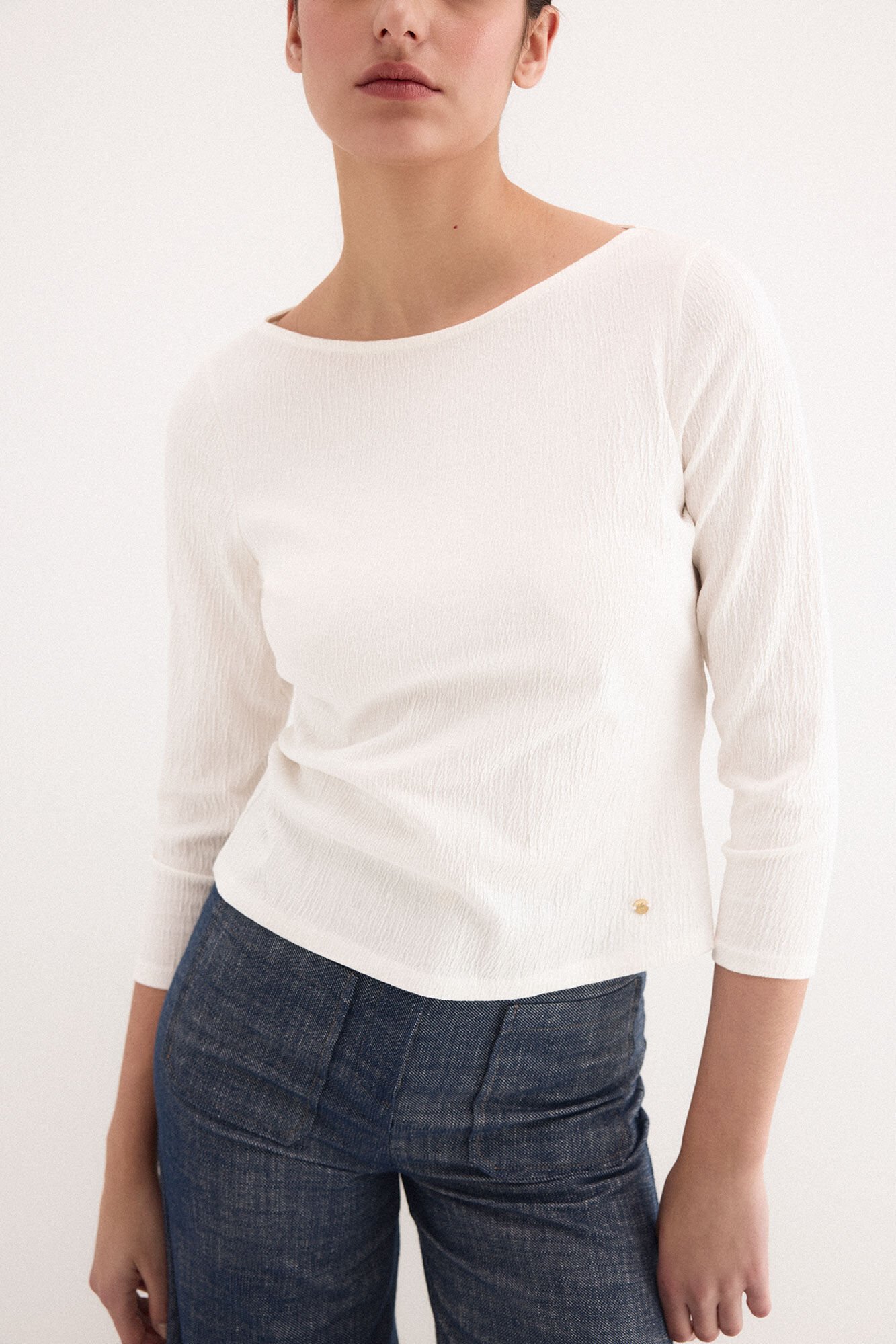 Pedro del Hierro Top arrugadito de cuello barco Blanco