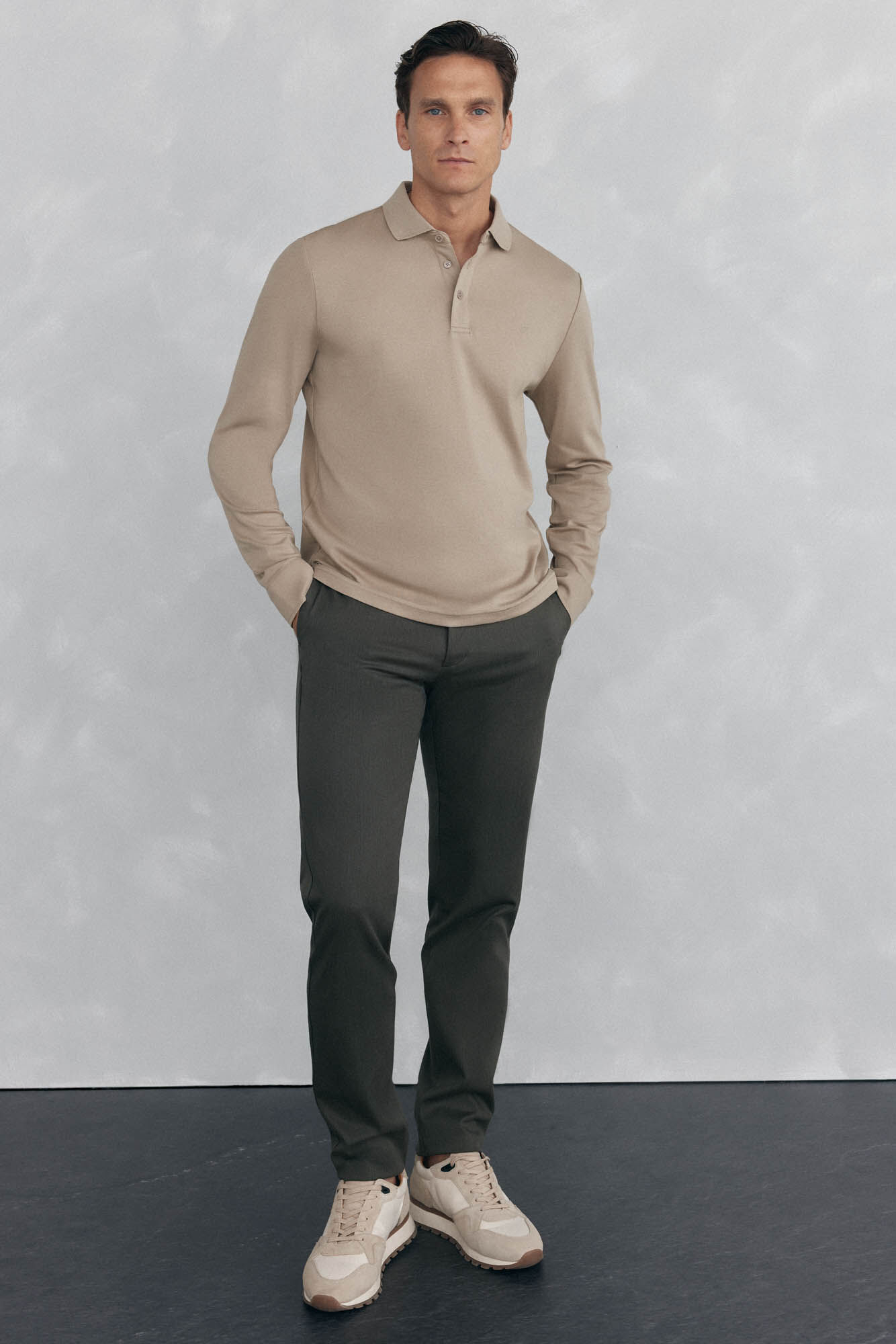 Pedro del Hierro Mercerized long sleeve polo shirt Beige