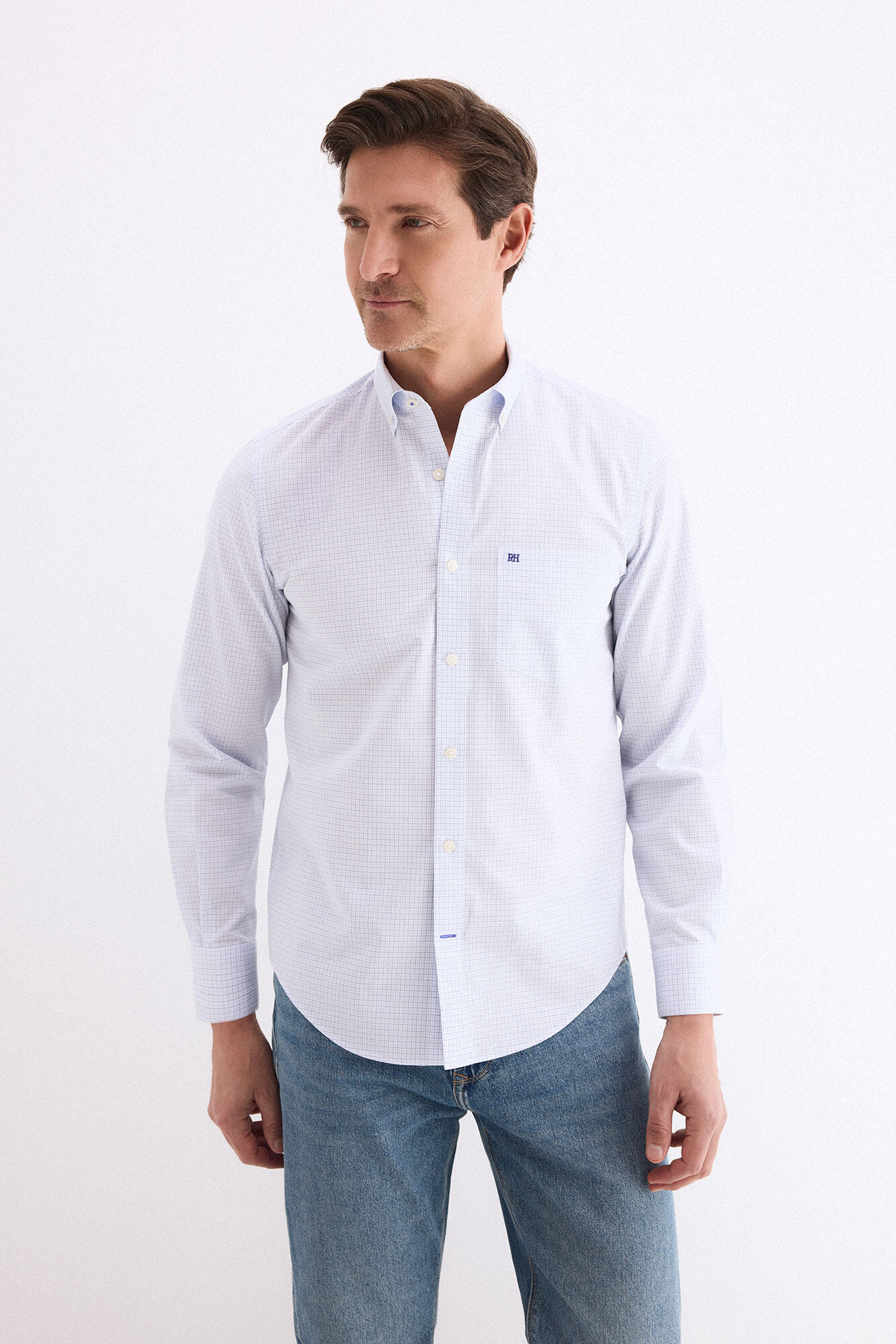 Pedro del Hierro Non-iron stain-resistant plaid shirt Blue