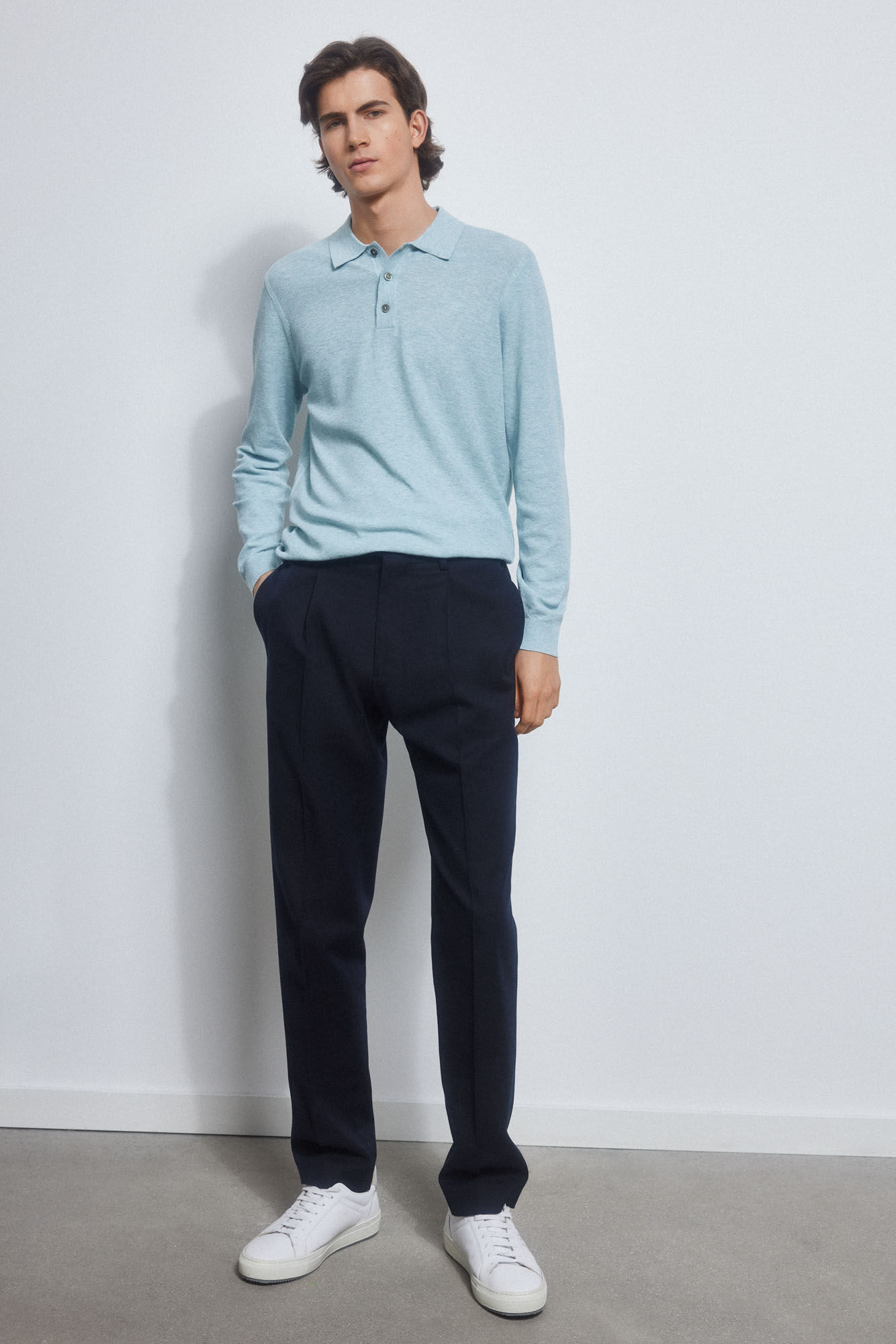 Pedro del Hierro Textured linen jumper with polo collar Blue