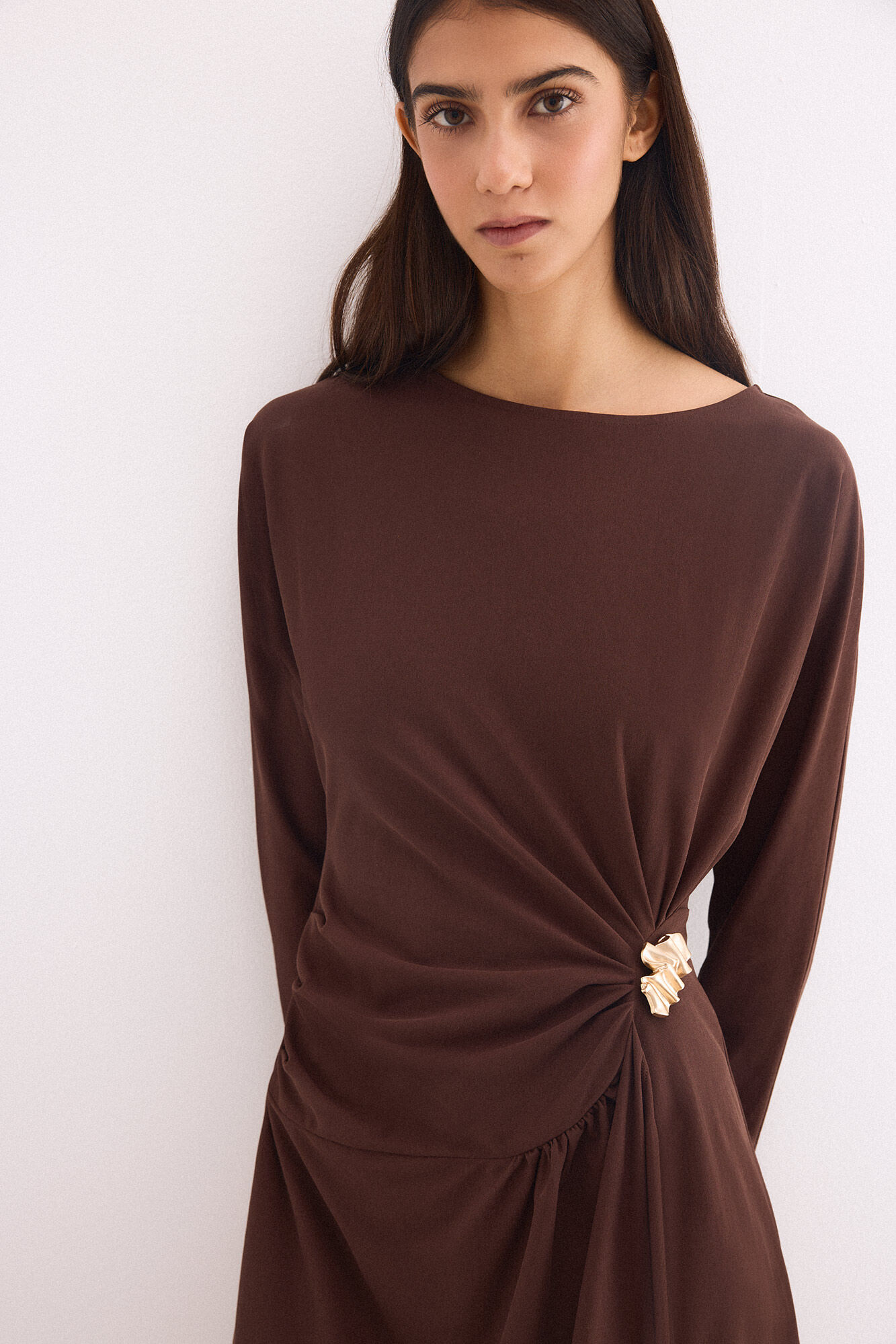 Pedro del Hierro Circular midi dress with gold brooch Brown