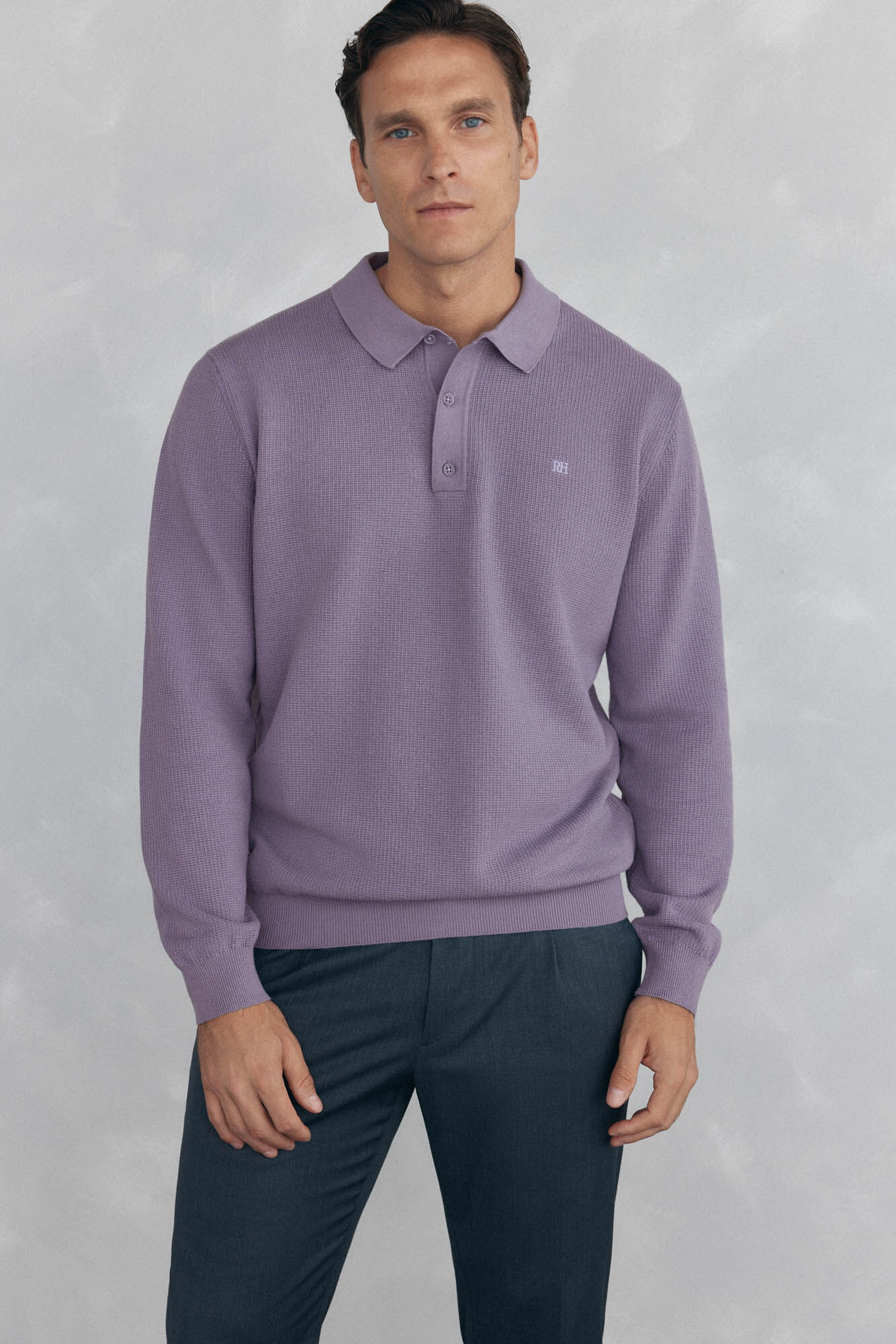 Pedro del Hierro Fine knit structured polo shirt neck jersey-knit  Purple