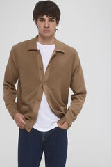 Pedro del Hierro Cotton jersey-knit cardigan polo shirt neck buttons Beige