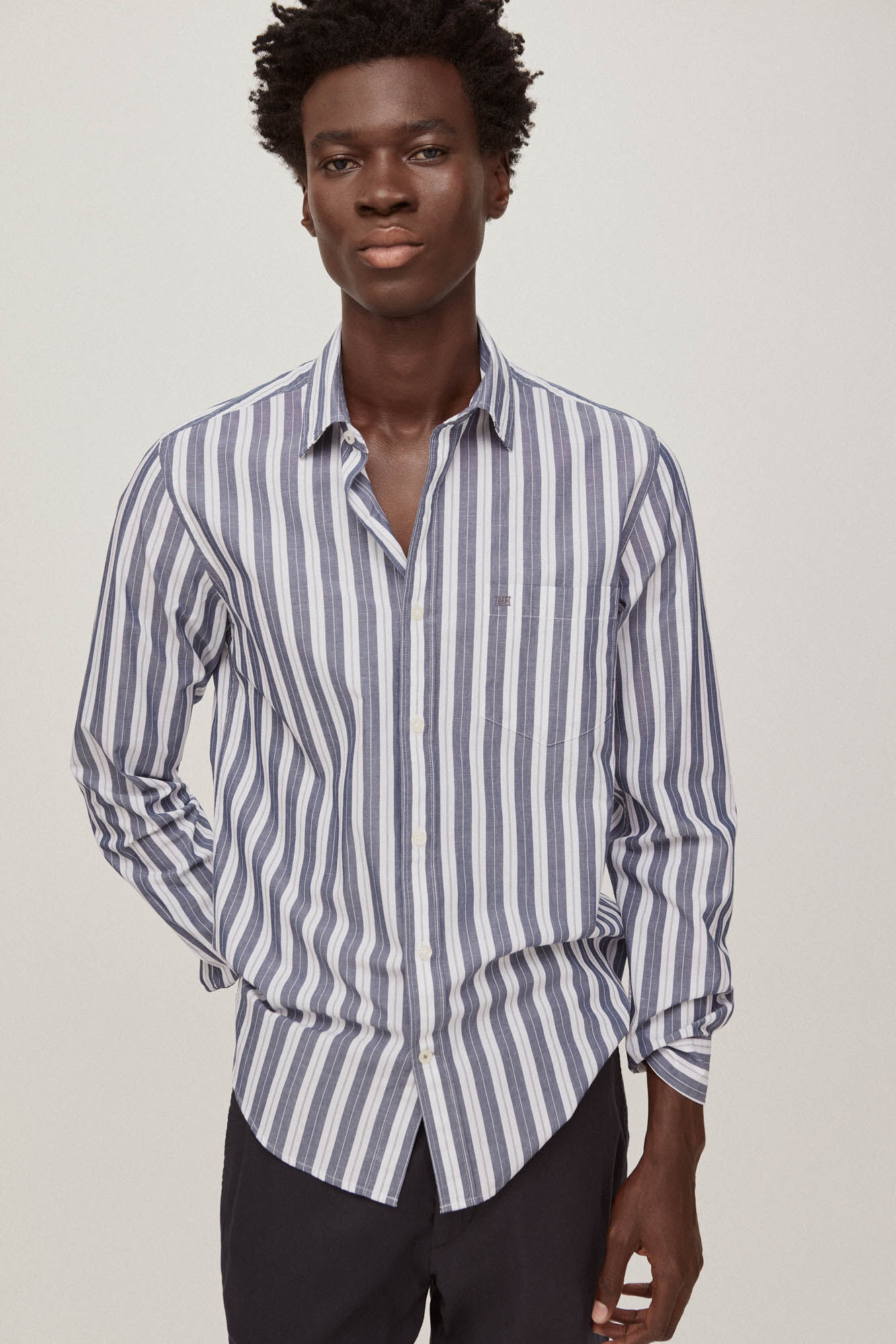 Pedro del Hierro Camisa algod&oacute;n lino rayas Azul