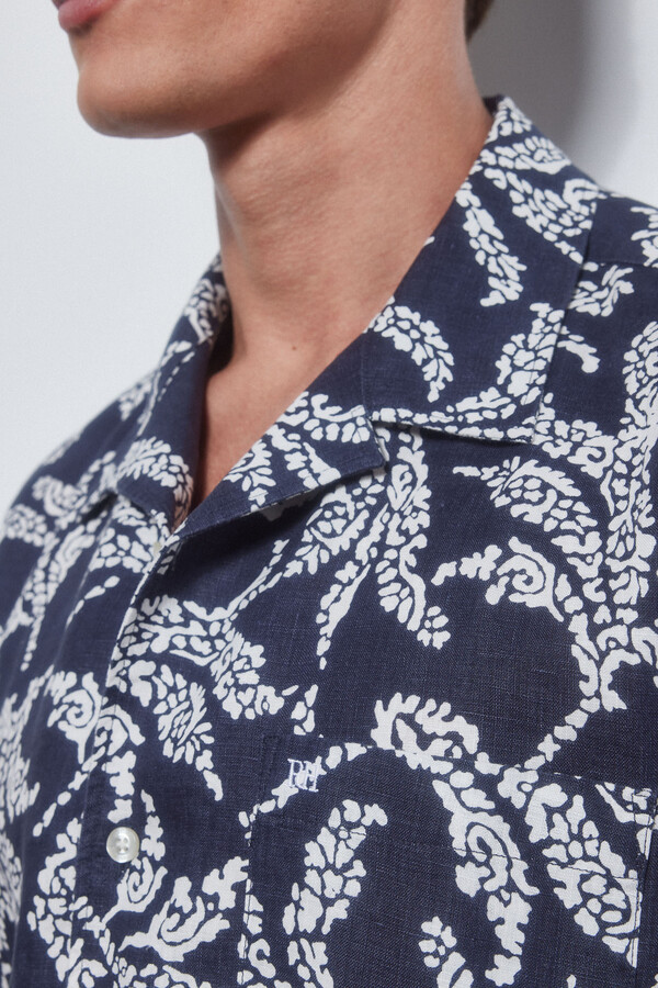 Pedro del Hierro Printed linen short-sleeved shirt Blue