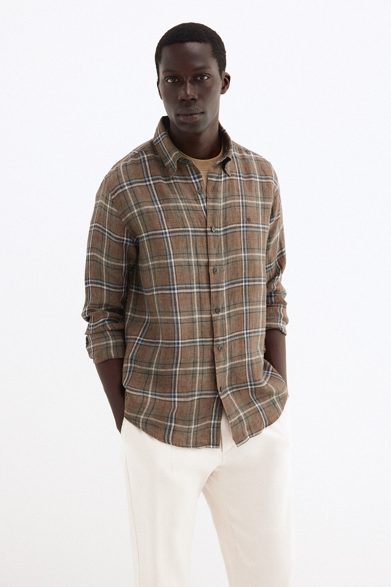Pedro del Hierro Italian linen plaid shirt Brown