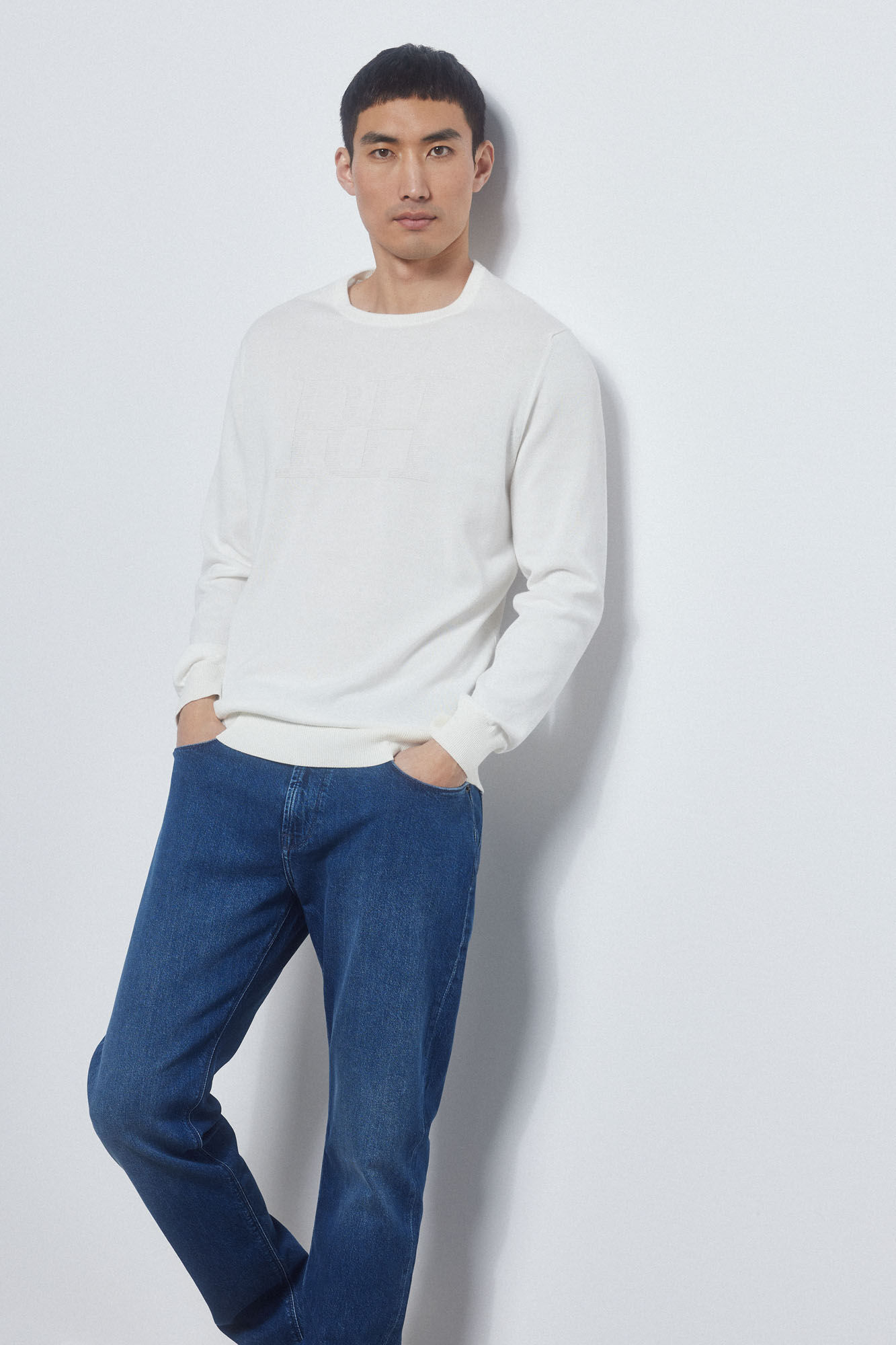 Pedro del Hierro Round neck jumper with chest logo Ecru