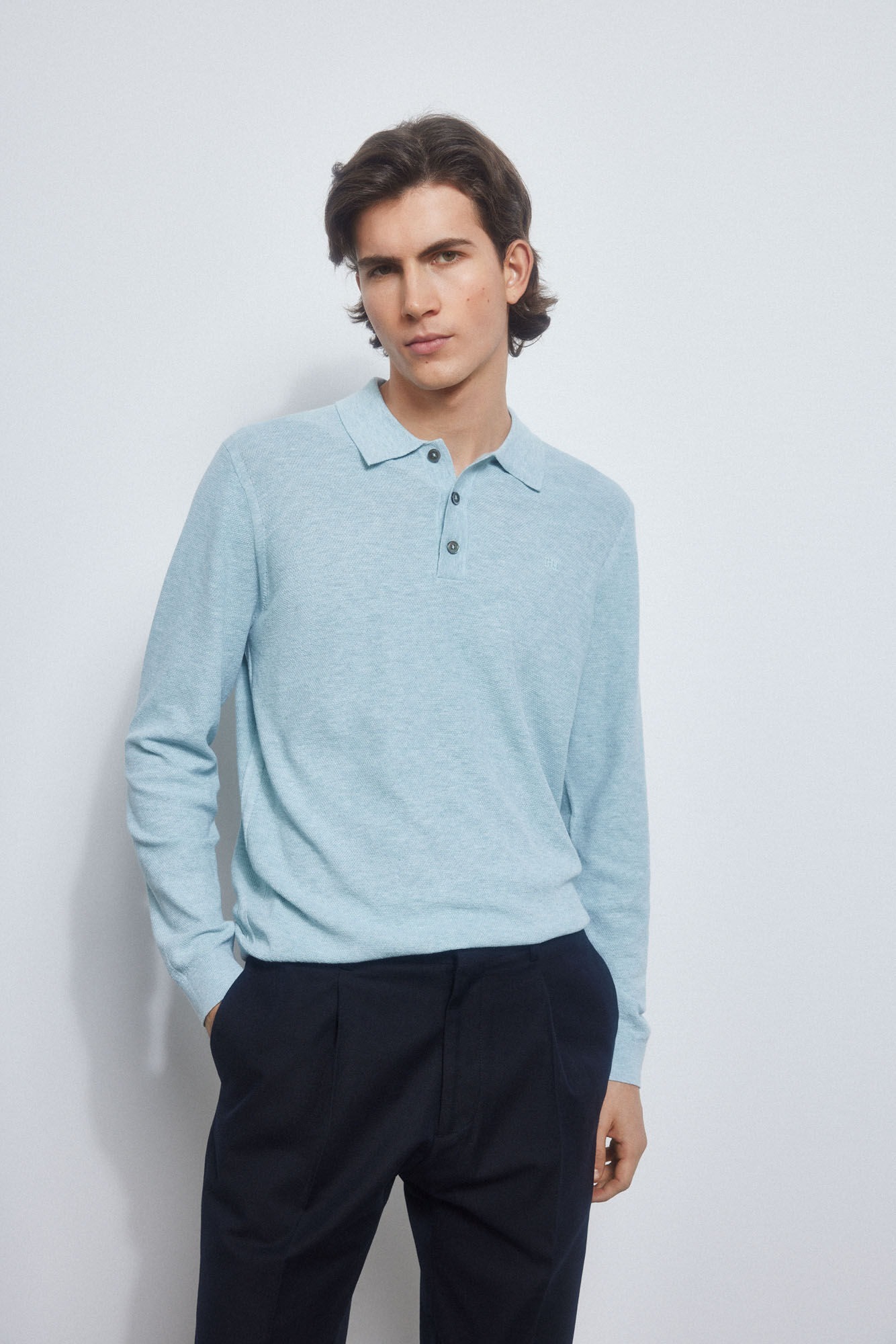 Pedro del Hierro Textured linen jumper with polo collar Blue