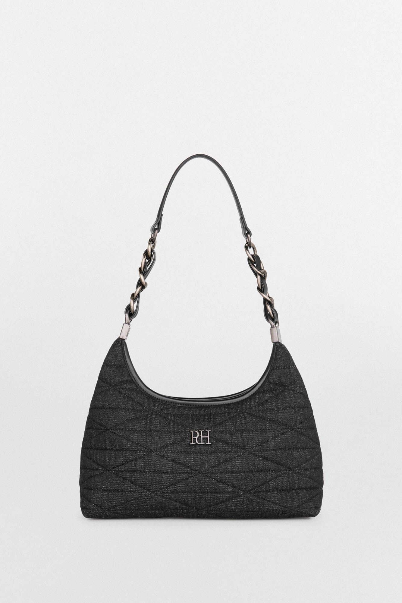 Pedro del Hierro Quilted hobo bag with leather handle and chain Black