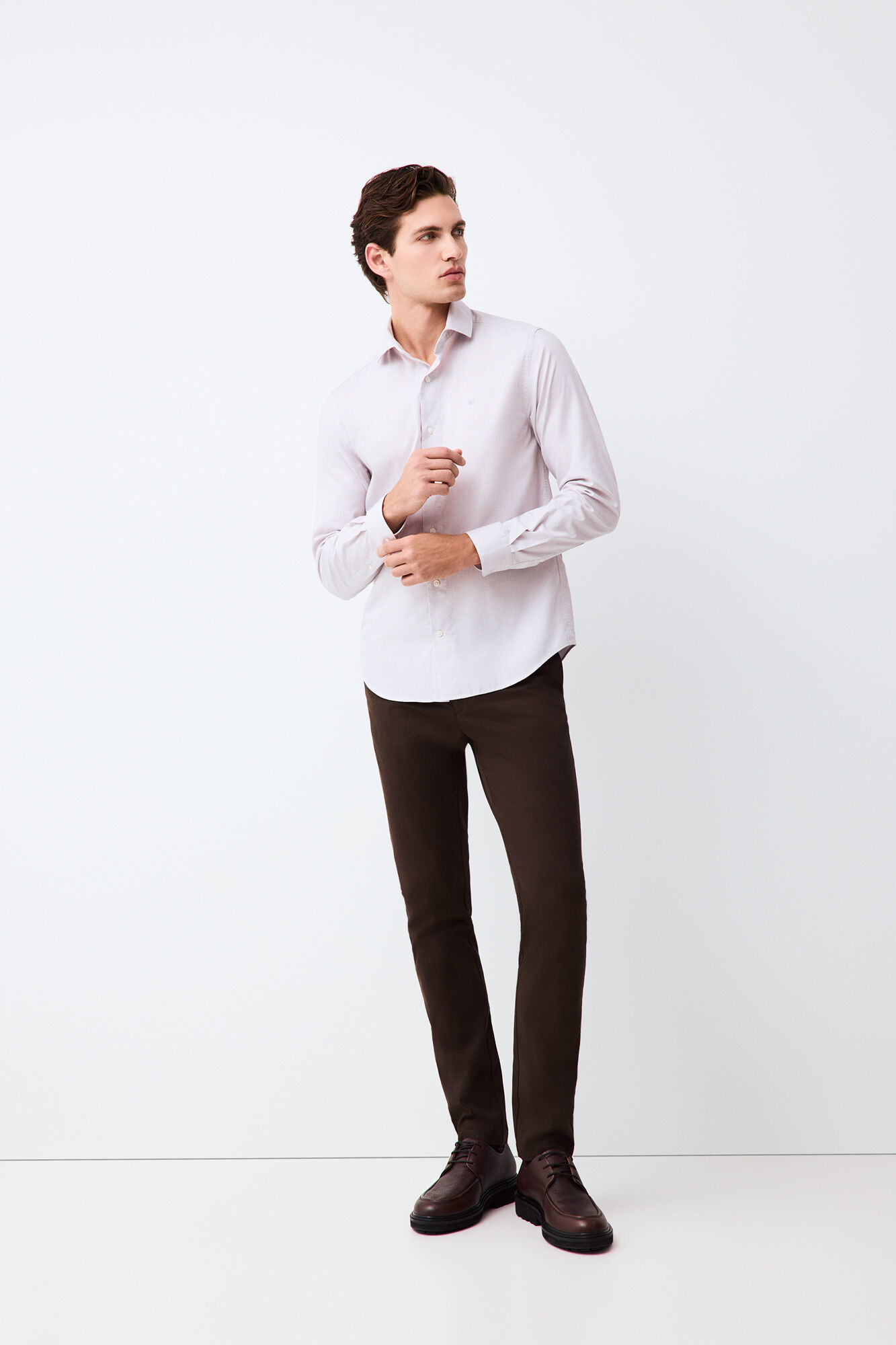Pedro del Hierro Micro check non-iron + anti-stain slim fit dress shirt Beige