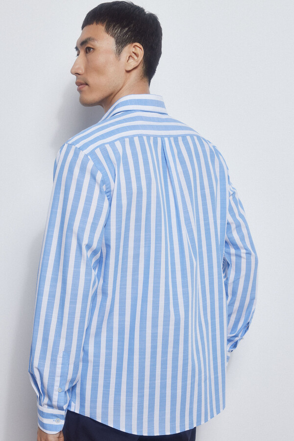 Pedro del Hierro Striped slub cotton shirt Blue