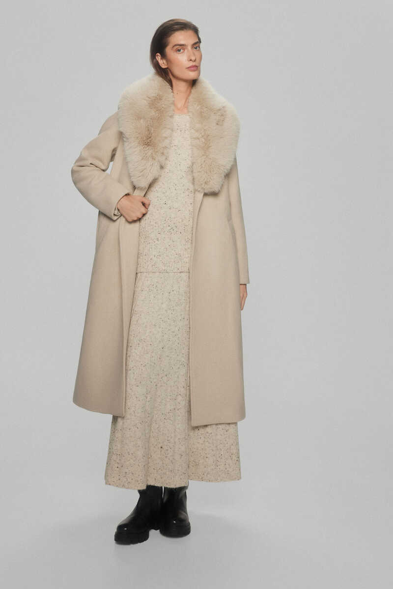 Pedro del Hierro Cloth coat with detachable fur collar Beige
