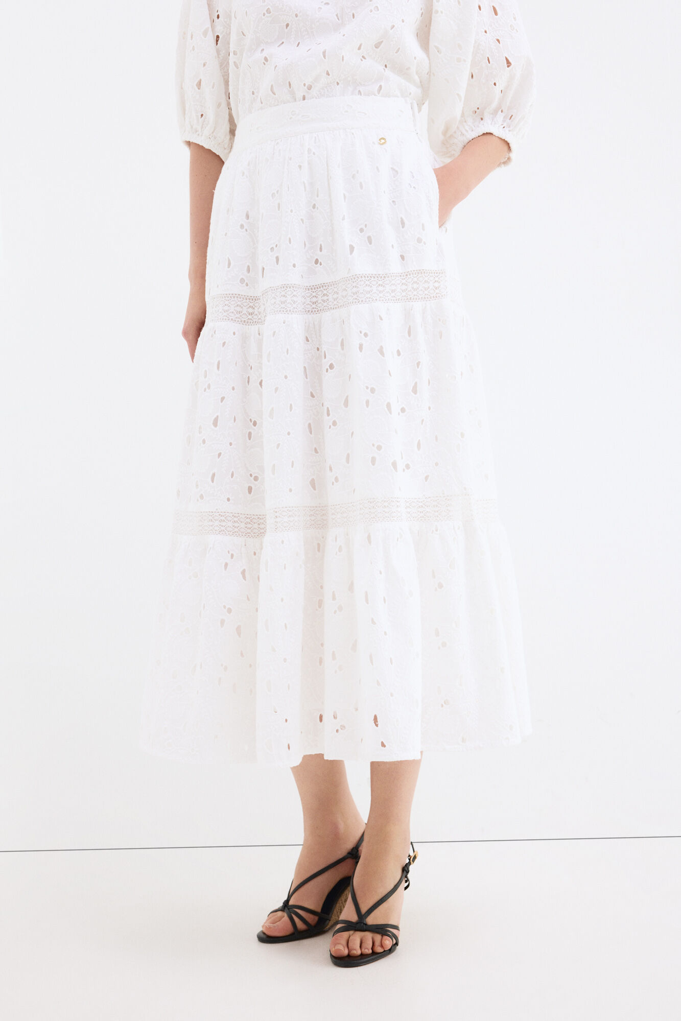 Pedro del Hierro Embroidered cotton long skirt White