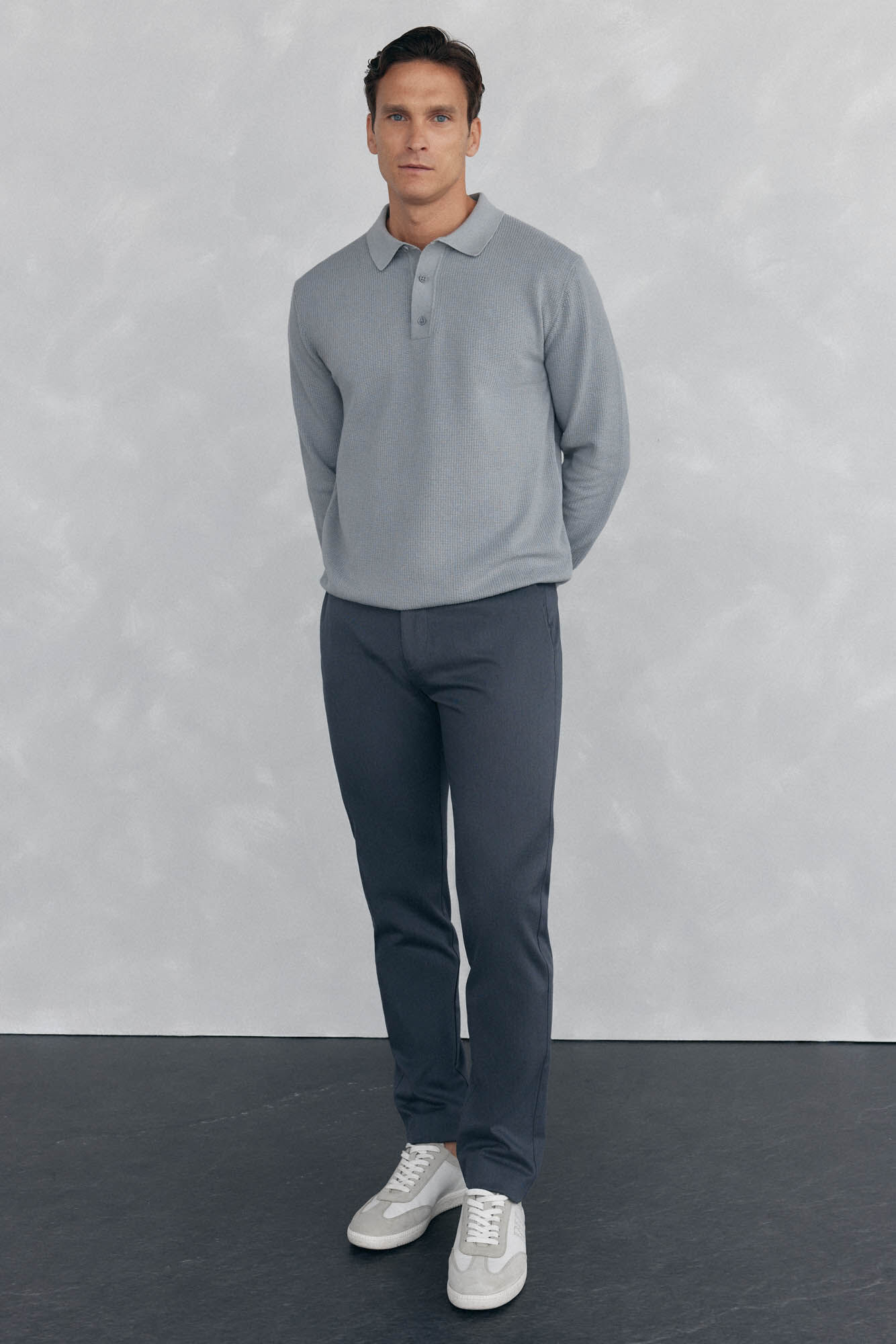 Pedro del Hierro Fine knit structured polo shirt neck jersey-knit  Grey