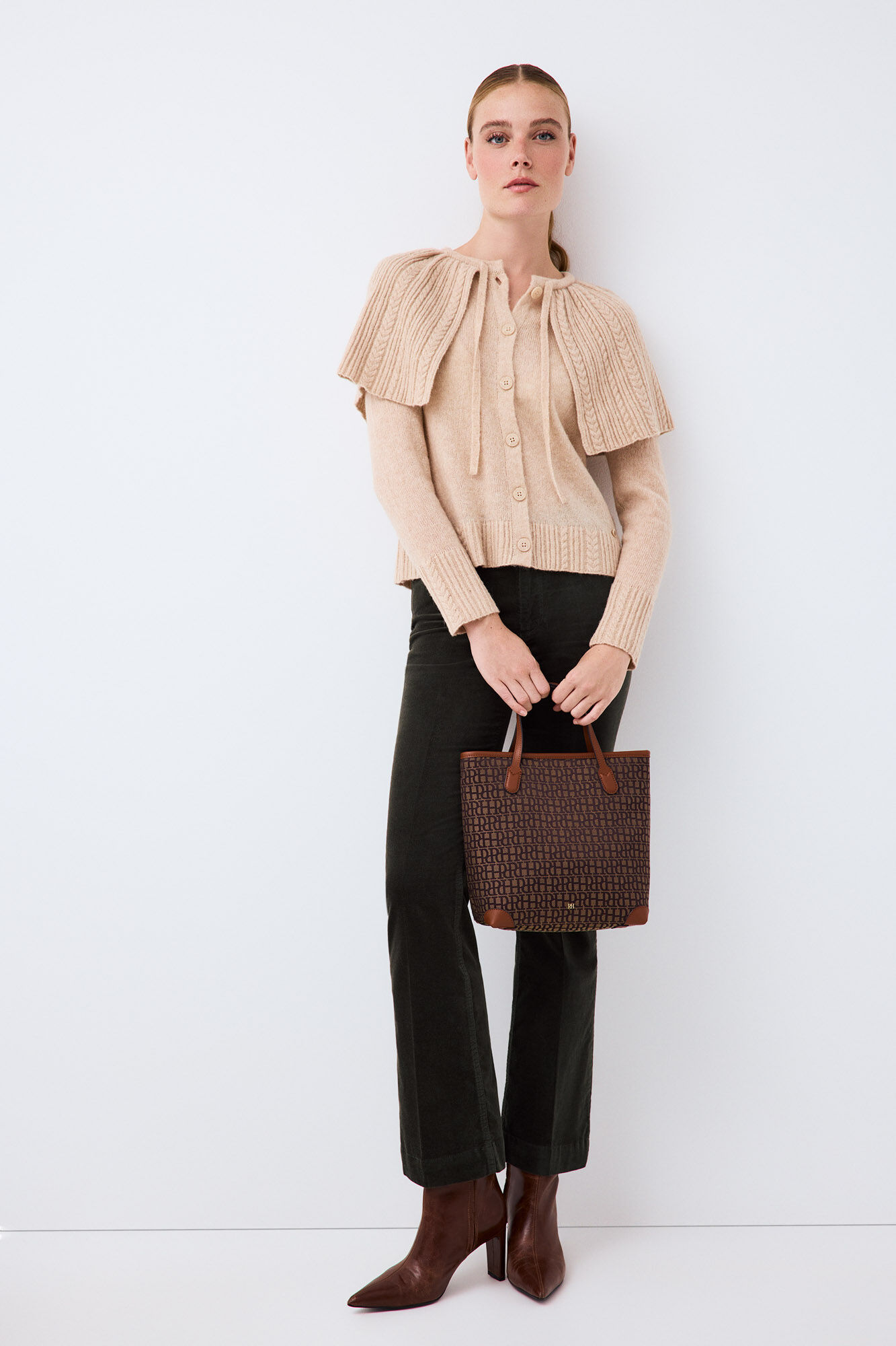 Pedro del Hierro Cross-knit cape collar jacket Brown