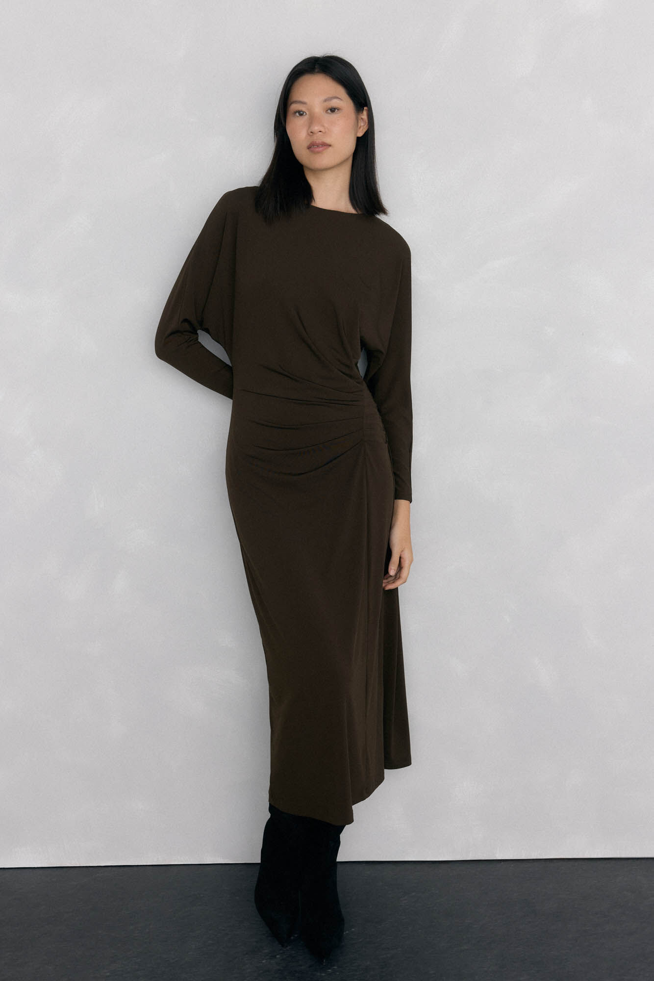 Pedro del Hierro long sleeve jersey-knit midi dress with gathered knit