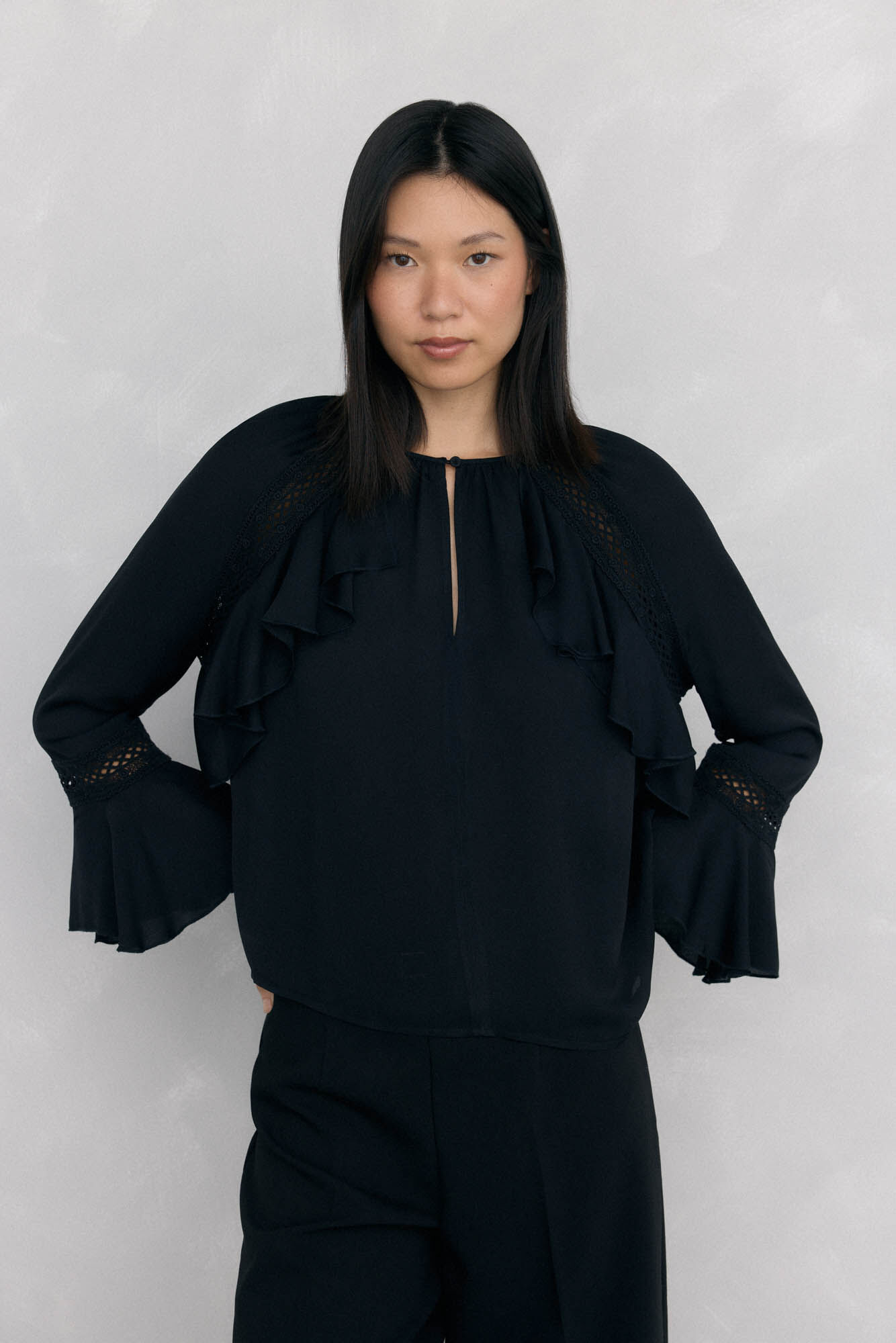 Pedro del Hierro Ruffled lace blouse Black