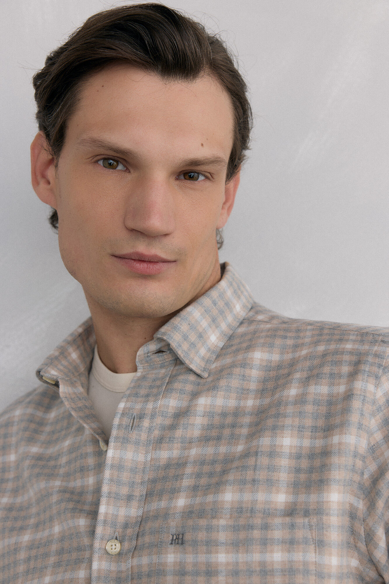 Pedro del Hierro Checkered flannel shirt Italian fabric Beige