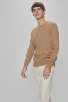Pedro del Hierro Cable knit wool round neck jumper Brown