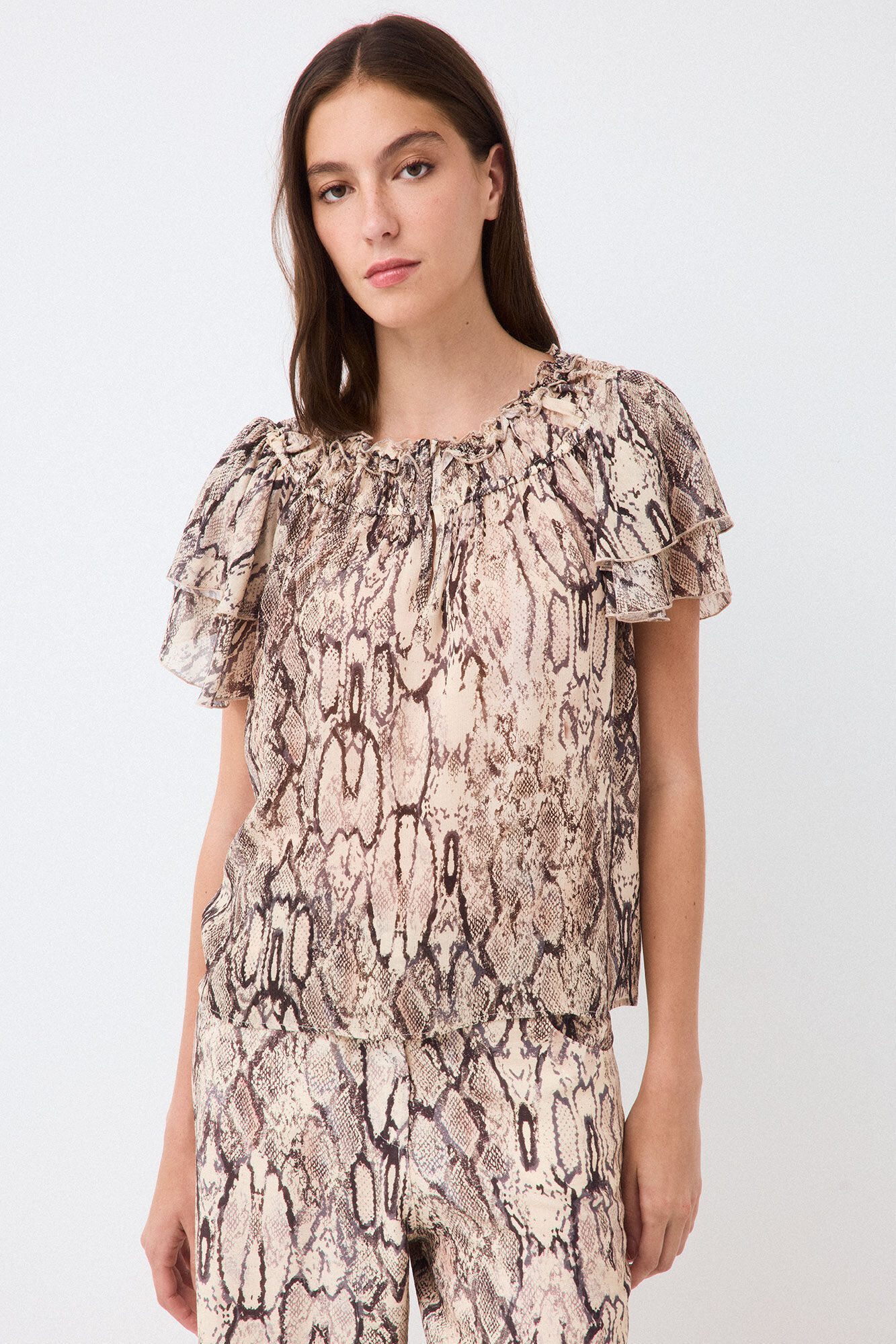 Pedro del Hierro Blusa estampada manga com folhos Marrom