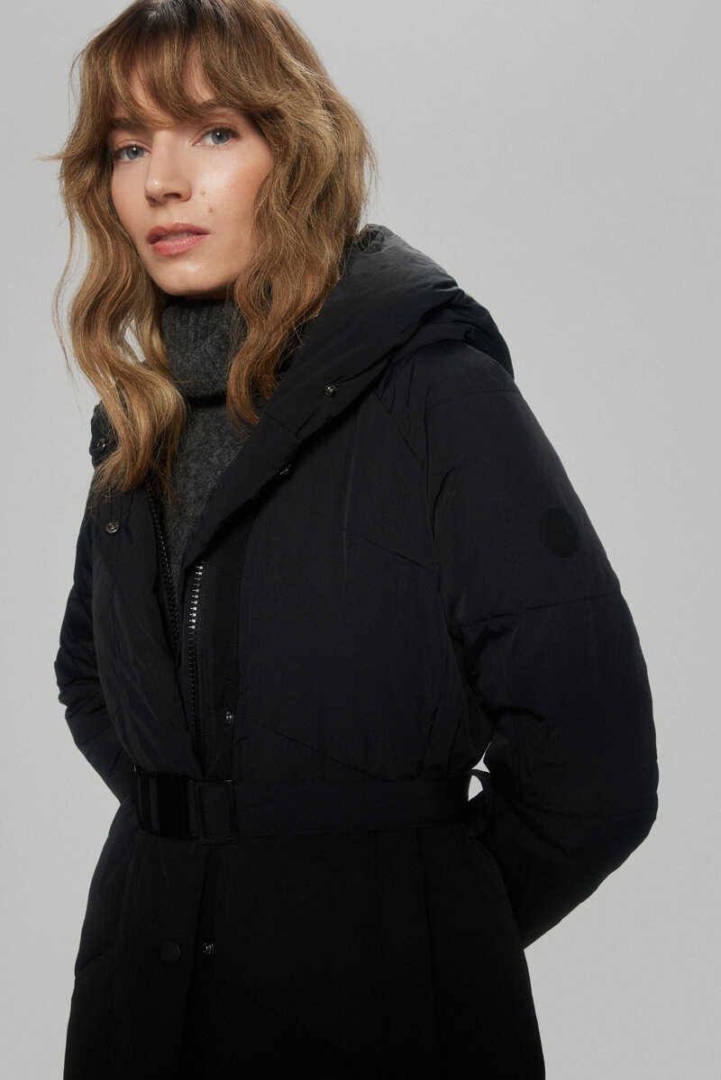 Pedro del Hierro Long hooded belted maxi parka Black