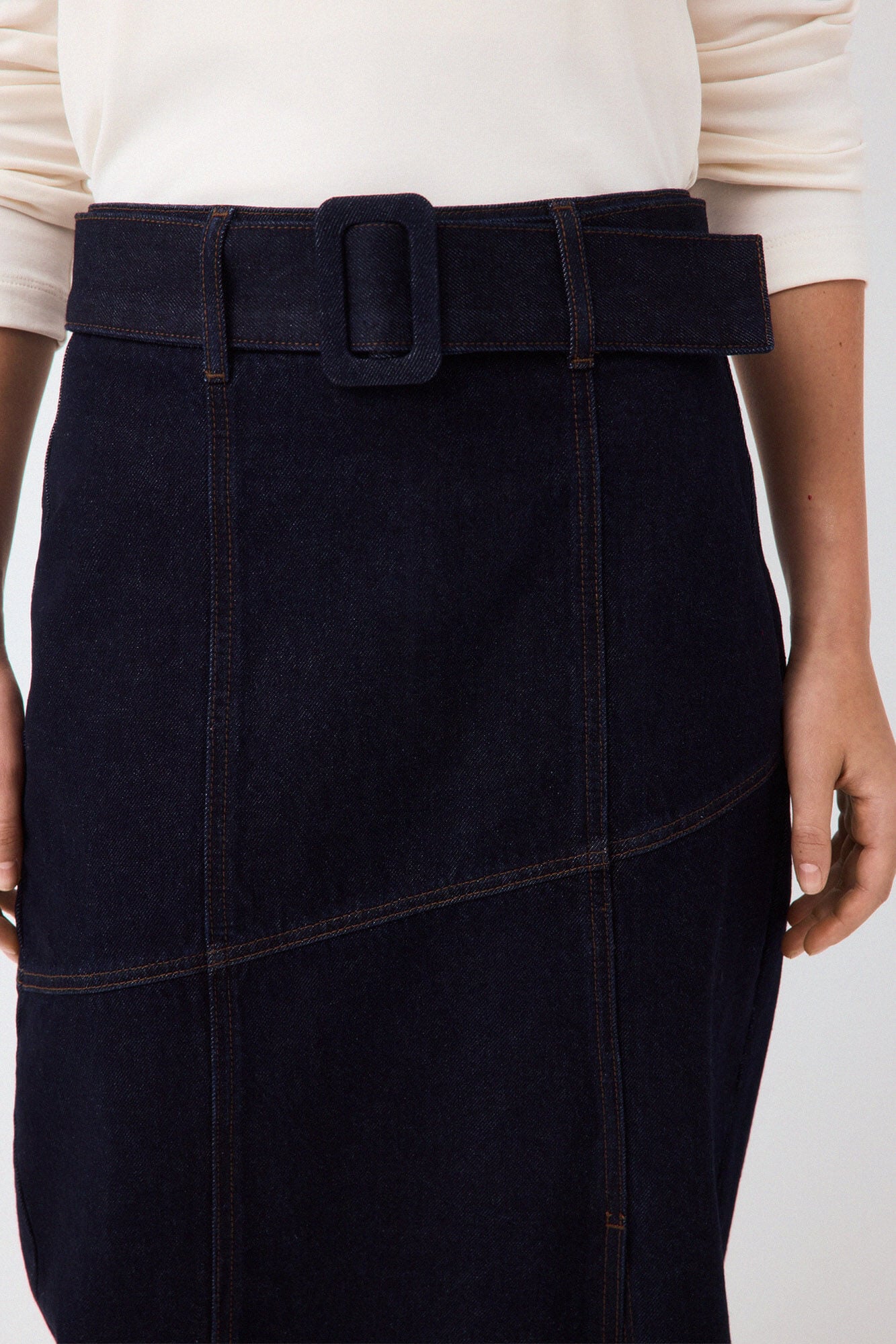 Pedro del Hierro Denim straight skirt with V-shaped cuts Blue