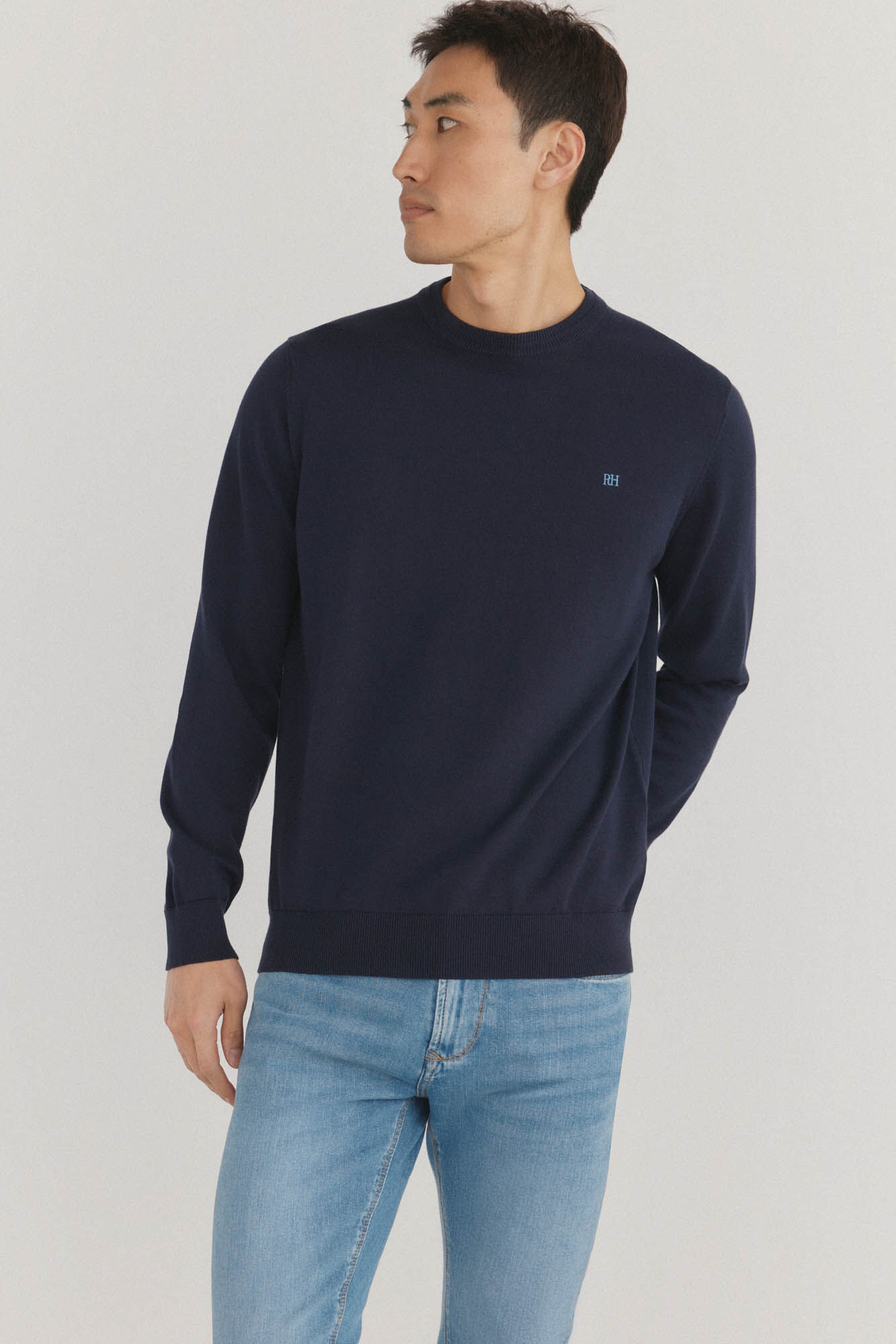 Pedro del Hierro Su&eacute;ter fino de algod&atilde;o premium com gola redonda Azul