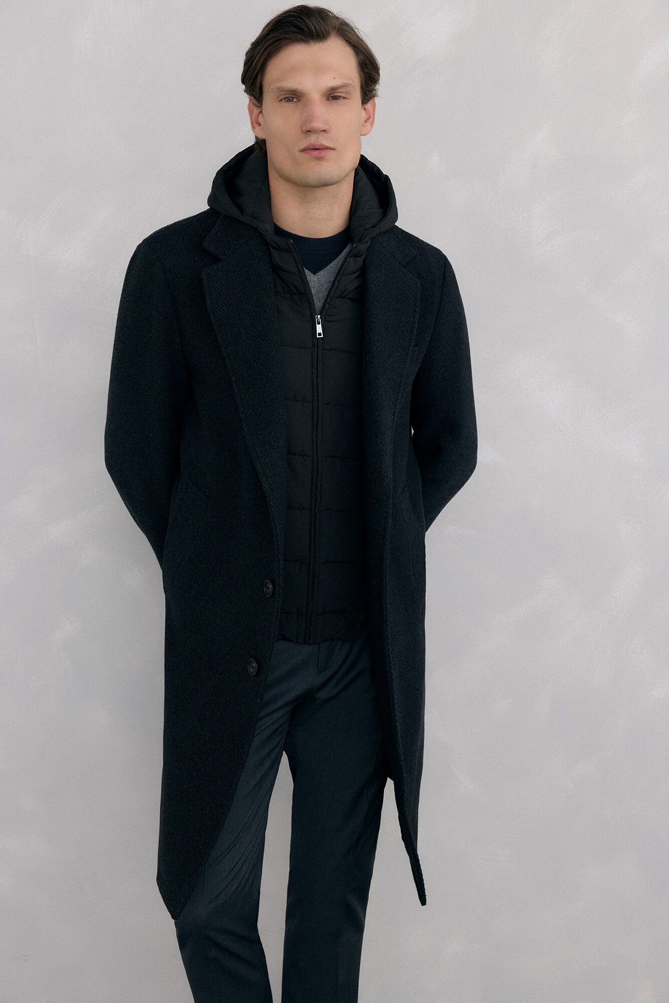 Pedro del Hierro Grey herringbone coat with removable lining 
