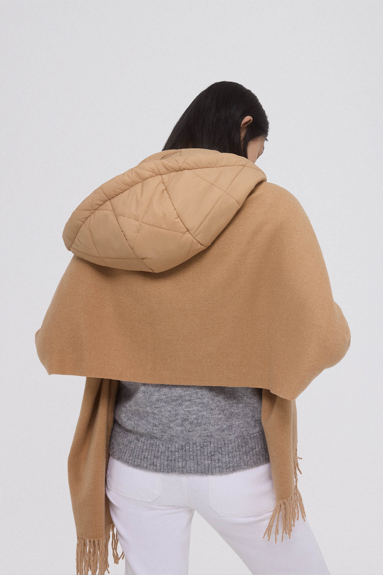 Pedro del Hierro Fringe poncho with hood and pockets Beige