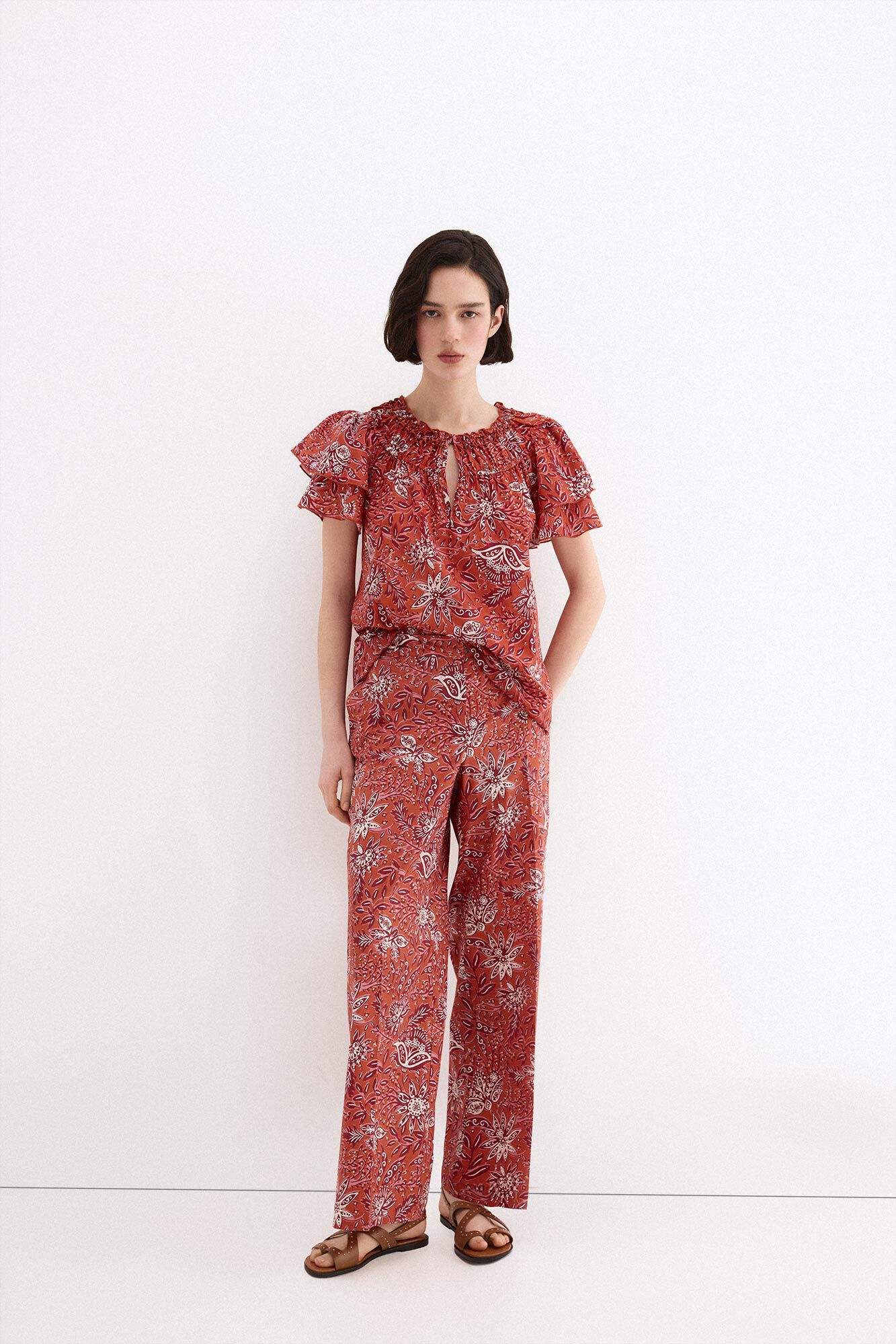 Pedro del Hierro Printed ruffle sleeve blouse Beige