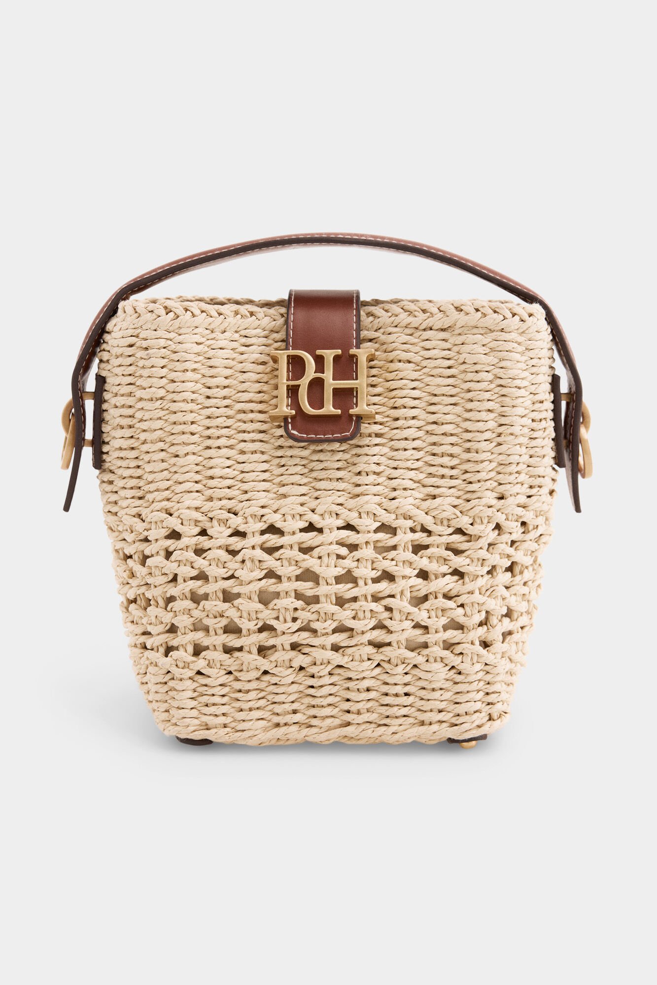 Pedro del Hierro Raffia-effect logo bucket bag Ecru