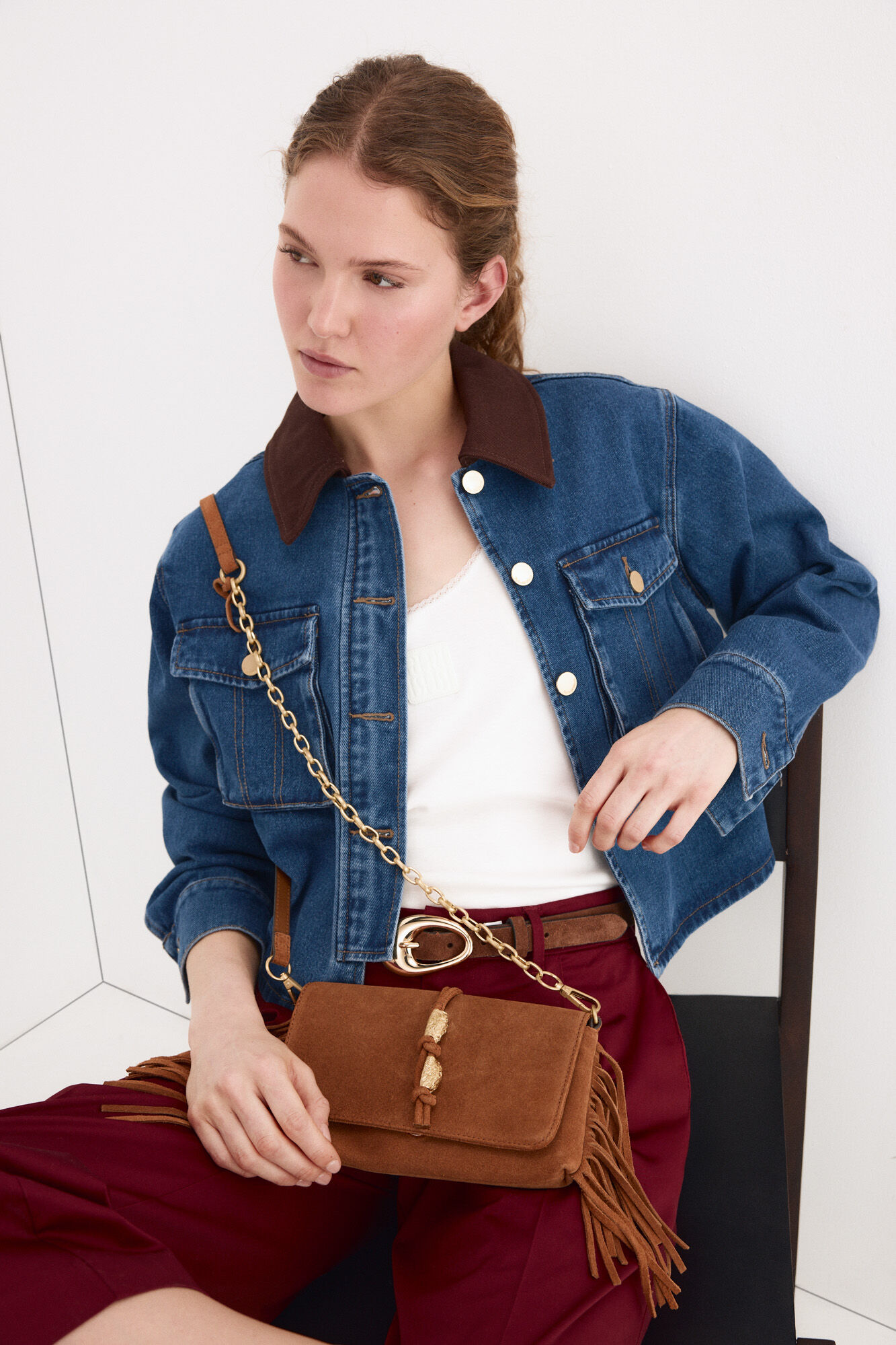 Pedro del Hierro Bandolera piel flecos Marr&oacute;n